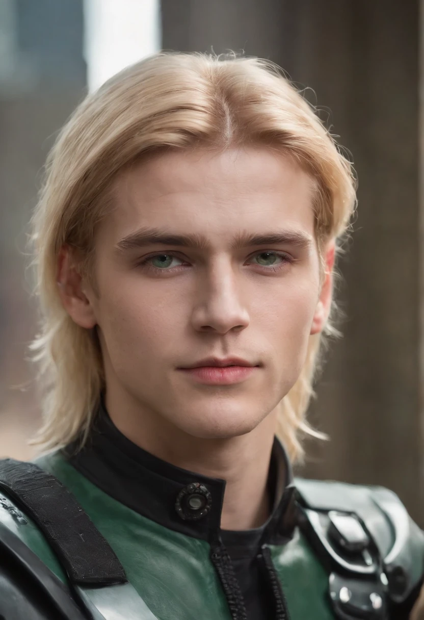 boy，Handsome，k hd，golden hair，Hair has white dye，There are two moles under the right eye，Emerald green eyes，motorbiker，Cyberpunk style，photorealestic，mid - length hair，There is a prosthetic body on the face,upper body