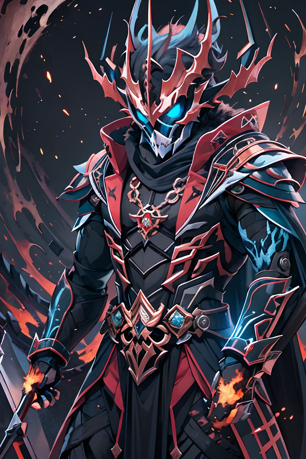 Dark series,Epic-level illustration,The strongest king,Rule the Grim Reaper,Frost Dragon Kamen Rider(Hyper-detailing),Master of martial arts,blue color eyes,(Burning fur coat),Pubic hair shows through(Mechanical skeleton),(the detail:1.2),Side Body,Mechanical details:1.2,Majesty,Domineering,Faraway view,With dynamic and magical backgrounds,Features prominent and well-designed typographic elements,Epic title,Glowing runes,Highest quality