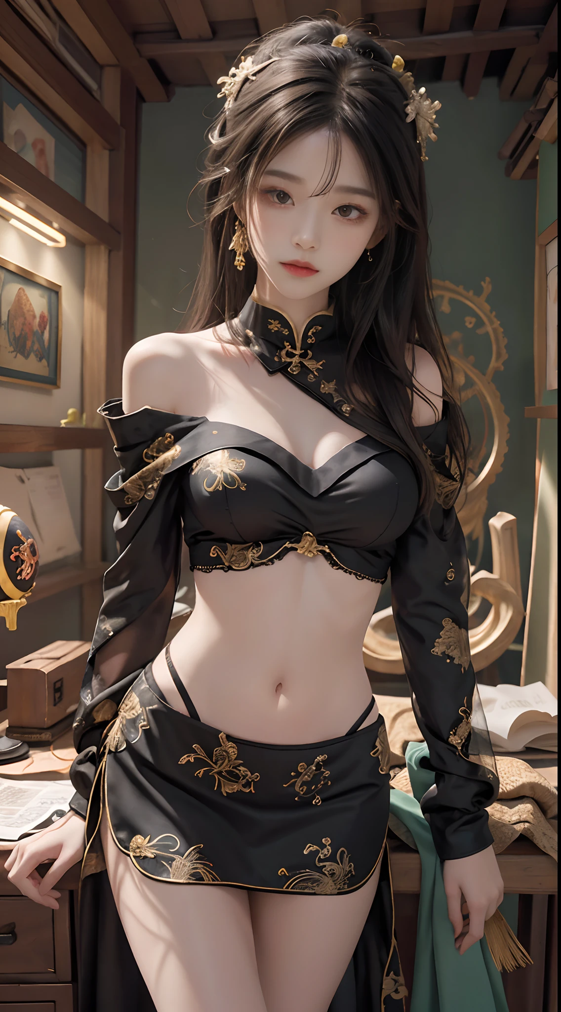 Official Art, Unified 8K Wallpapers, Ultra Detailed, Beautiful and Aesthetic, Masterpiece, Best Quality, (Zentangle, Tangle, Entangle), (fractal art: 1.4), (character center: 1.3), 1girl, black hair, Chinese, off-the-shoulder, short skirt, calf, navel, very detailed, dynamic angle, cowboyshot, (most beautiful form chaos), flowing, (bright colors), oc, (medium breasts), Chinese costume pajamas transparent