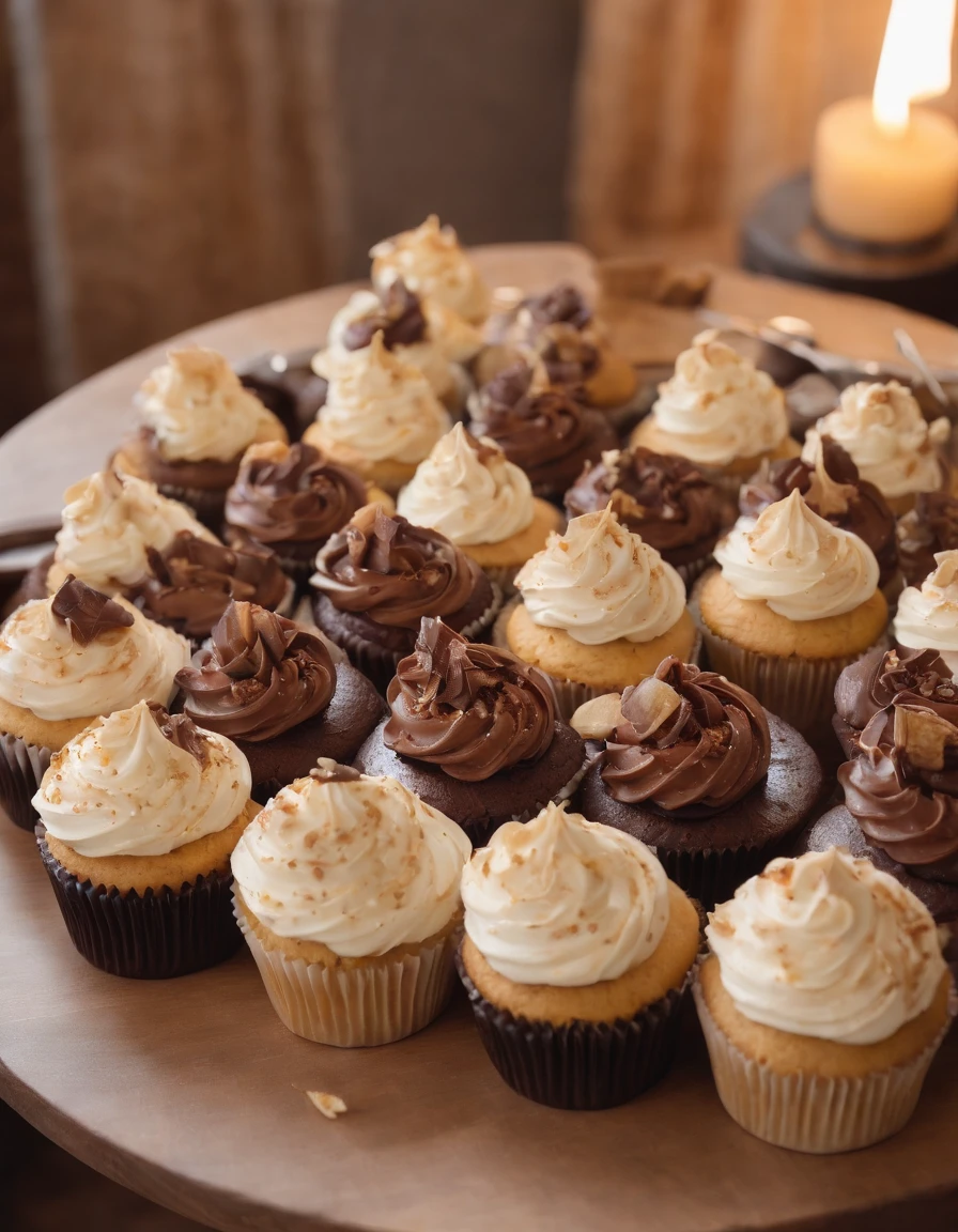 cupcakes arranged on a wooden plate, in the style of muted, earthy tones, viennese actionism, y2k aesthetic, multiple styles, petcore, luxurious textures, high-angle、