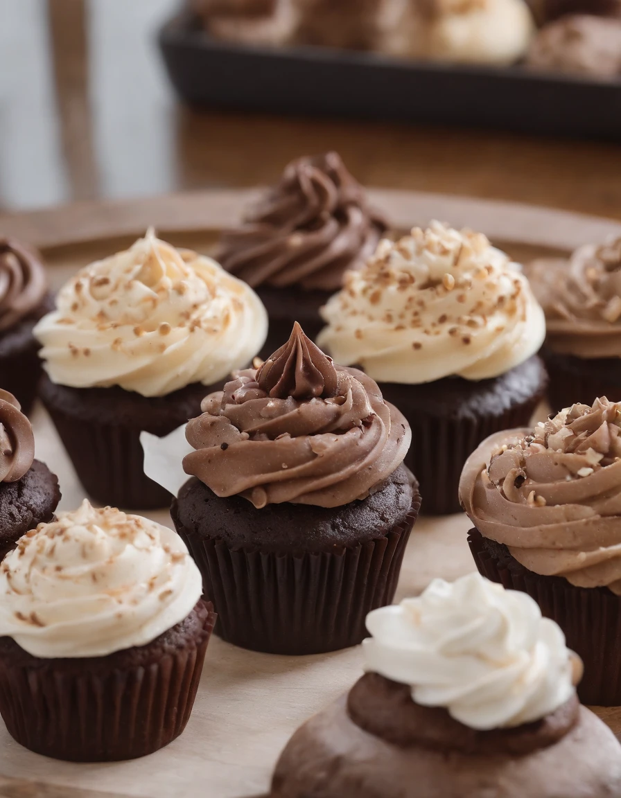 cupcakes arranged on a wooden plate, in the style of muted, earthy tones, viennese actionism, y2k aesthetic, multiple styles, petcore, luxurious textures, high-angle、