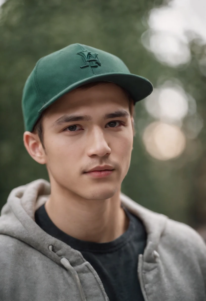 (((best quality, 8k))) mixed American Korean race, fair complexion, man around 25 years old, has blond hair, medium length hair, distinctive green eyes, wearing baseball cap, sharp jawline, handsome, wearing dark green jacket, ultra sharp focus, realistic shot, tetradic colors