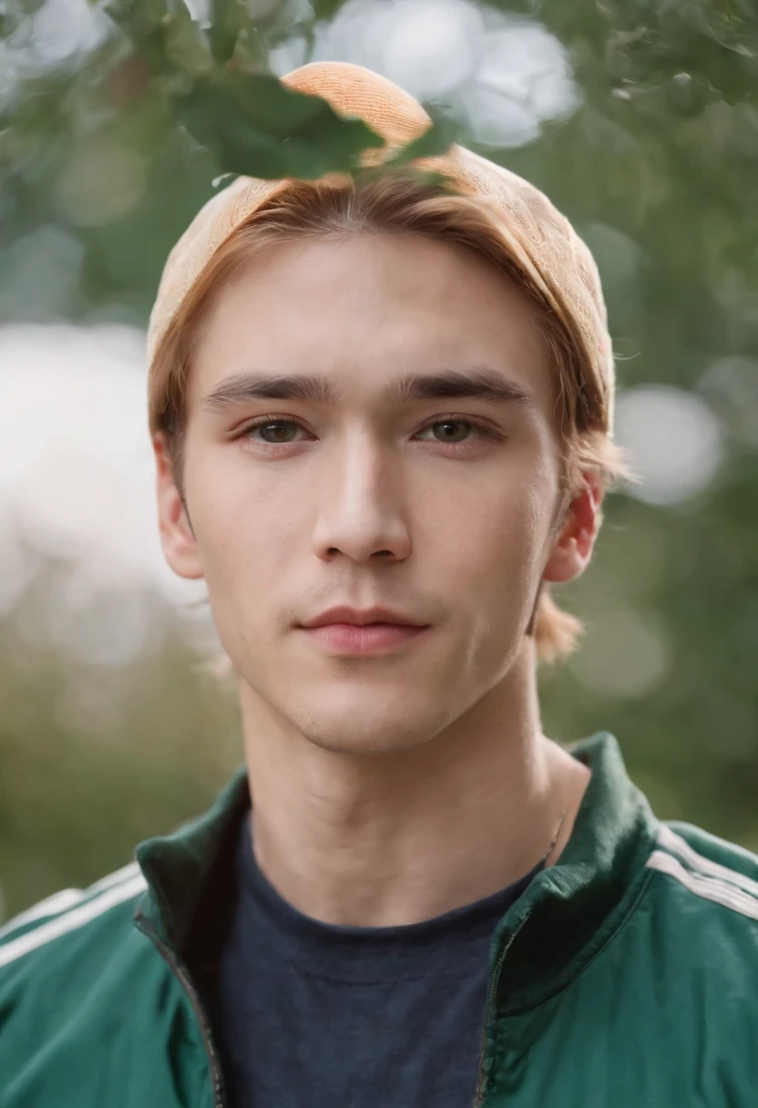 (((best quality, 8k))) mixed American Korean race, fair complexion, man around 25 years old, has blond hair, medium length hair, distinctive green eyes, wearing baseball cap, sharp jawline, handsome, wearing dark green jacket, ultra sharp focus, realistic shot, tetradic colors