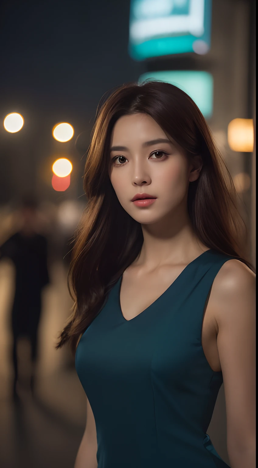 ((Realistic lighting, Best quality, 8K, Masterpiece: 1.3)), Focus: 1.2, 1girl, Perfect Body Beauty: 1.4, Slim Abs: 1.1, ((Dark Brown Hair)), (Aqua Dress: 1.4), (Outdoor, Night: 1.1), City Street, Super Fine Face, Fine Eyes, Double Eyelids,