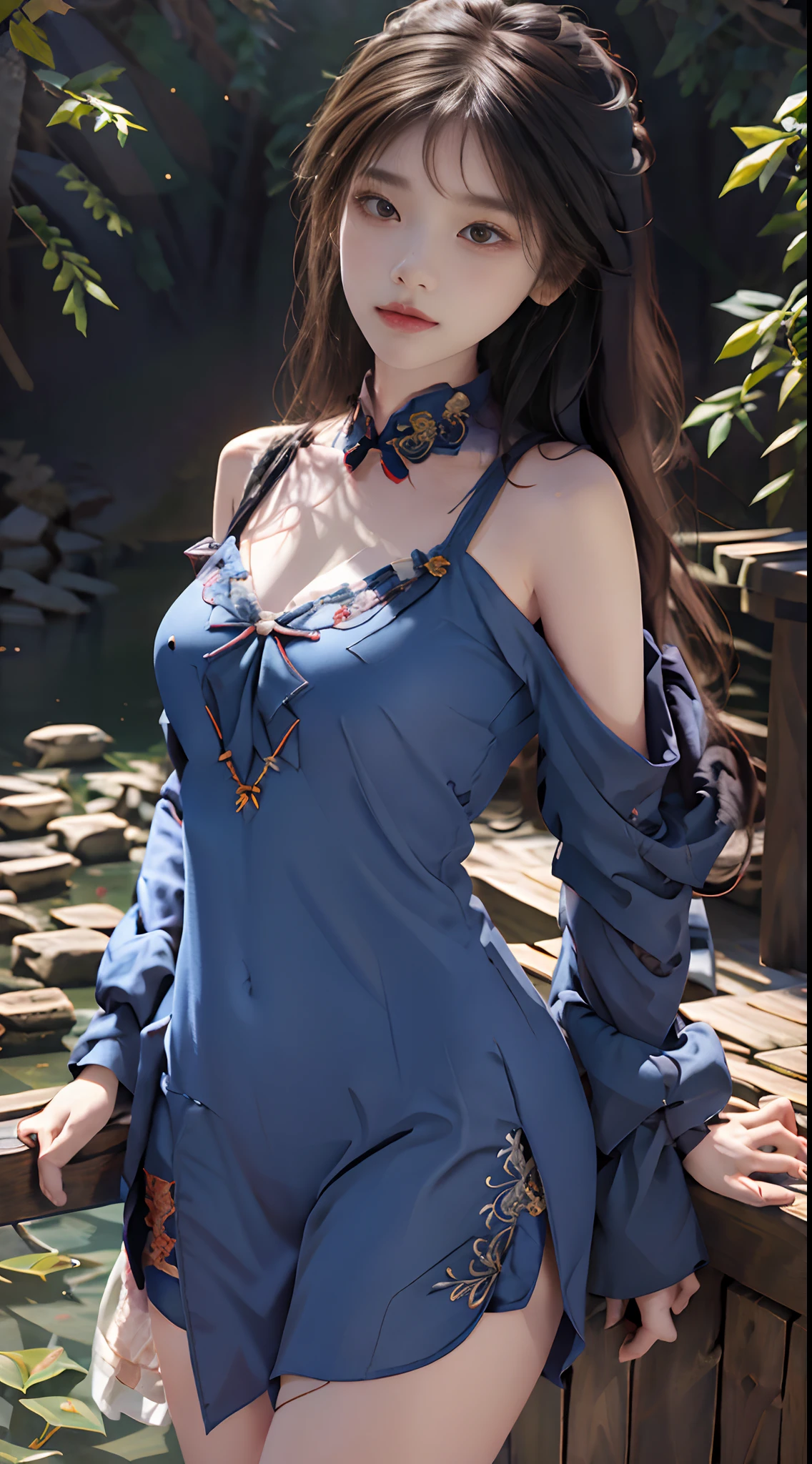 Official Art, Unified 8K Wallpapers, Ultra Detailed, Beautiful and Aesthetic, Masterpiece, Best Quality, (Zentangle, Tangle, Entangle), (fractal art: 1.4), (character center: 1.3), 1girl, black hair, Chinese, off-the-shoulder, short skirt, calf, navel, very detailed, dynamic angle, cowboyshot, (most beautiful form chaos), flowing, (bright colors), oc, (medium breasts), Chinese costume pajamas transparent