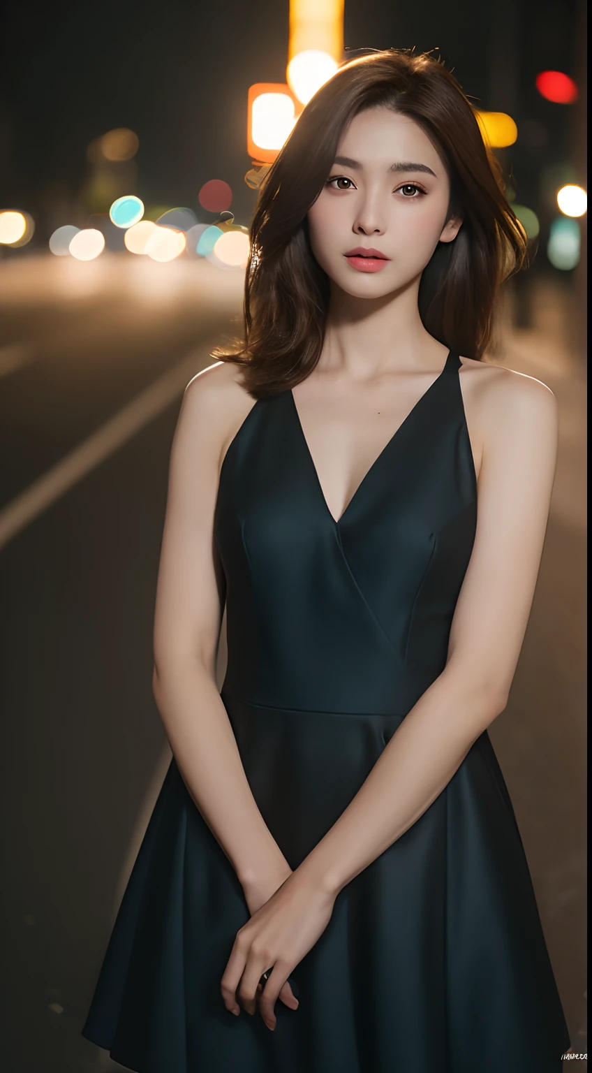 ((Realistic lighting, Best quality, 8K, Masterpiece: 1.3)), Focus: 1.2, 1girl, Perfect Body Beauty: 1.4, Slim Abs: 1.1, ((Dark Brown Hair)), (Aqua Dress: 1.4), (Outdoor, Night: 1.1), City Street, Super Fine Face, Fine Eyes, Double Eyelids,