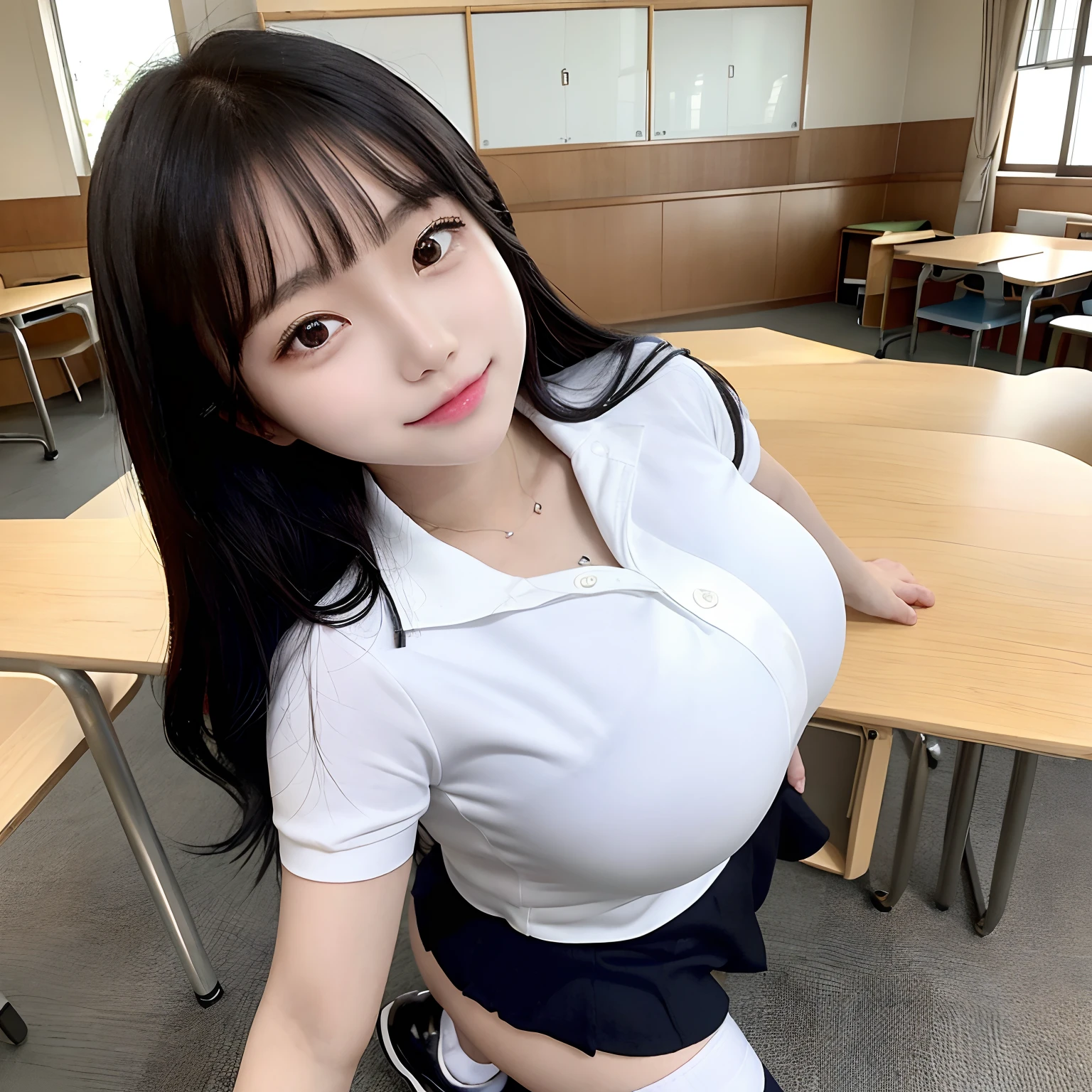 Masterpiece 8k、Top image quality、Symmetrical eyes、drooing eyes、japanaese girl、big breasts、A smile、Japanese high school girl、japanese sailor suits、Background is a Japan school classroom、a black skirt、White short-sleeved shirt、Black shoes、Standing