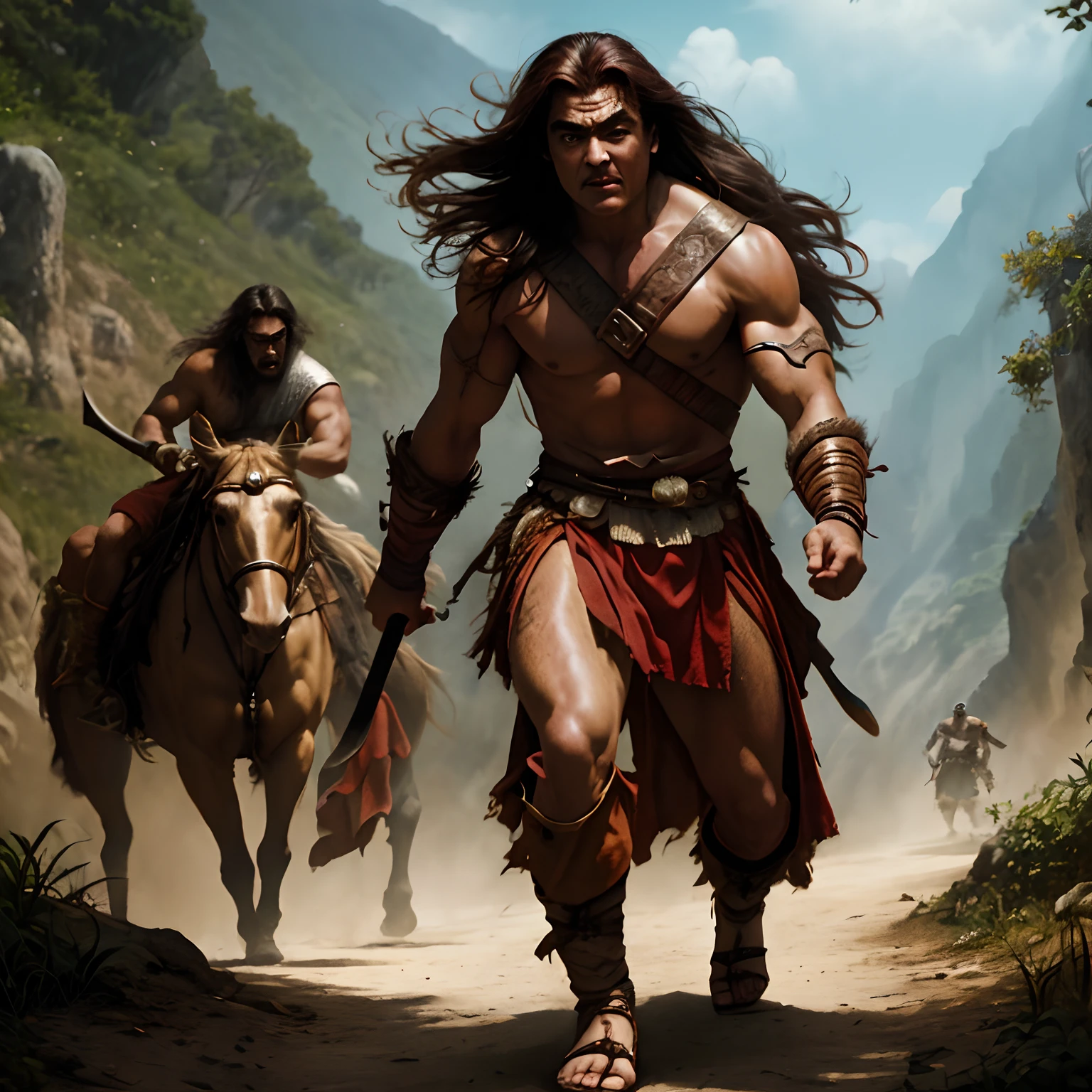 Excellence HD 8K Male Classic Art Barbarian Comics, Conan, the Barbarian, jovem viril, face limpa, caminhando por uma estrada de pedra, wearing sandals, wearing a short tunic, segurando uma espada, junto dele uma princesa Shemita muito bonita