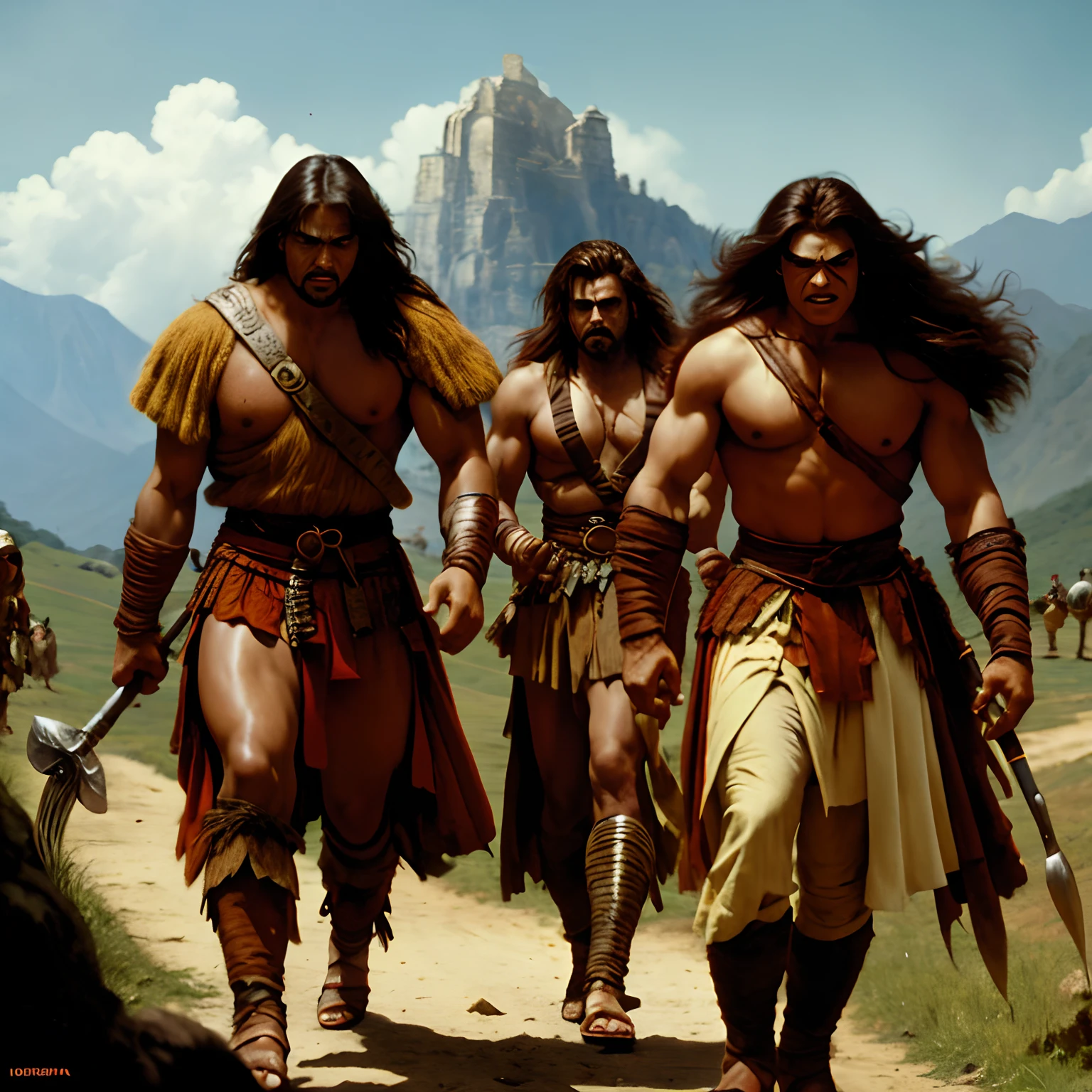 Excellence HD 8K Male Classic Art Barbarian Comics, Conan, the Barbarian, jovem viril, face limpa, caminhando por uma estrada de pedra, wearing sandals, wearing a short tunic, segurando uma espada, junto dele uma princesa Shemita muito bonita