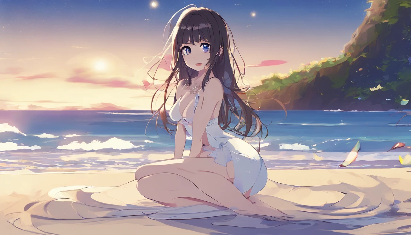 (((Gravure shooting on the beach late at night when the moon is beautiful))),(((solo person))),(((ulzzang-6500))),(((perfect anatomia:1.5))),(((Hasselblad))),(((Thin waist and muscular little buttocks are the best))),(((Sexy with thin and long legs))),masterpiece,top-quality,超A high resolution,High detailed portrait,(photographrealistic:1.4),(((1girl in))),((Wide white sand beach)),White fair skin,(((Get down on one knee and twist your body to turn around))),Raise your chin and look up at the sky,bustup,20yr old,cute little,smooth chestnut-brown hair,shiny chestnut-brown hair,Smooth long hair ponytail,dishevled hair,((Cup High Quality Macho Beautiful Breasts )),(String bikini that digs into white skin),(Dripping wet body),(Famous popular actresses of Japan),(A big smile,Happiness is supreme,sano,Opening Mouth),(Open armpits、Twist your hips and pose),High detailed eyes,((Really pure white sand beach)),((Disheveled bangs,Clean face,Gaze staring at the sky,long lashes,big eye,Distinct double eyelids,glowy skin,Lip gloss on thick, plump lips,(((perfect anatomia))),