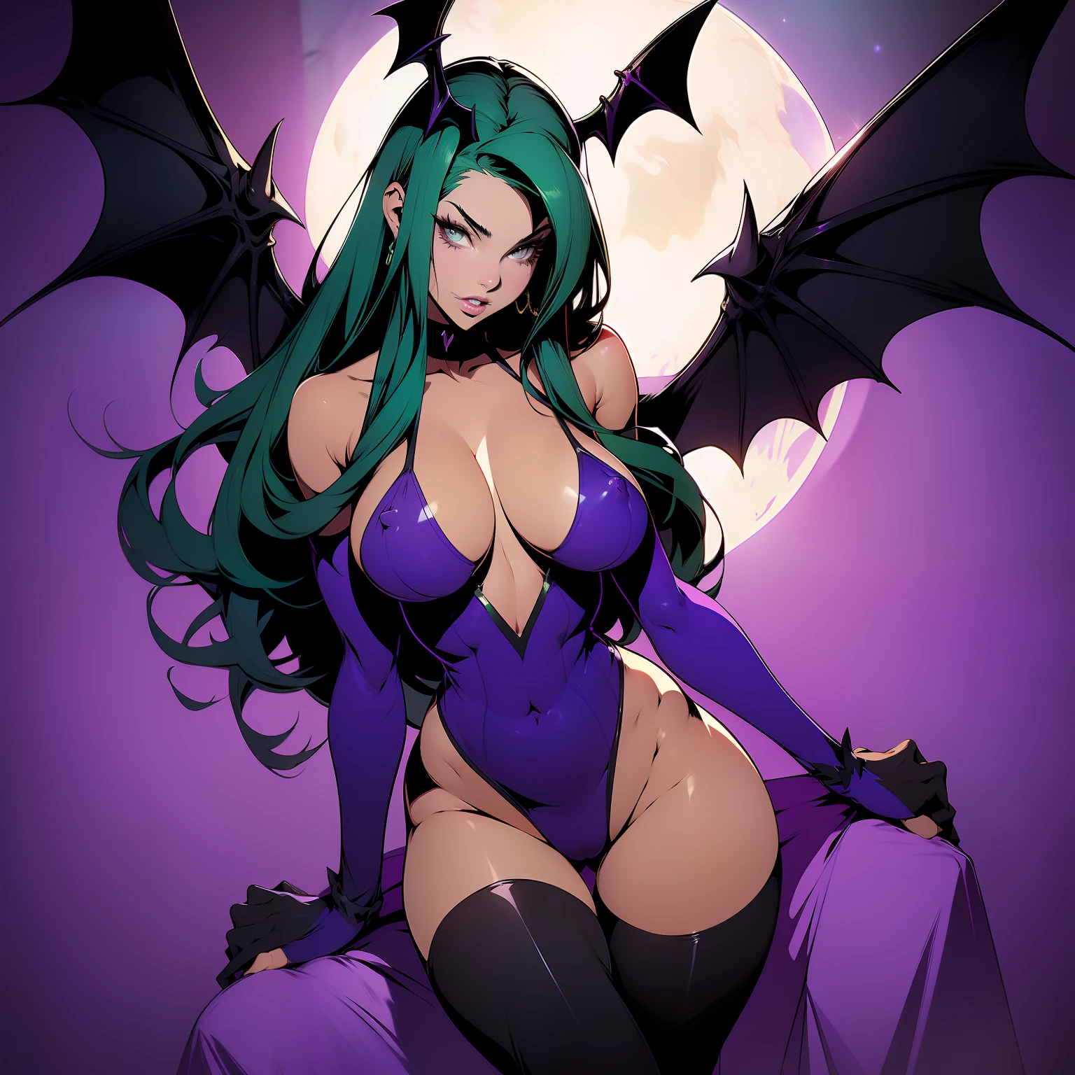 Morrigan Aensland from Darkstalkers she has ((long green hair with fringe)), has bat wings, has beautiful tanned skin, she is wearing ((black short bodysuit)) ((purple tights)), dynamic pose, full body, stunning body, thick thighs, in the style of Bruce Timm, (masterpiece), best quality, expressive eyes, perfect face, nsfw, thigh gap, cameltoe, big breasts, hard nipples, perky tits, nip-slip, visible nipples, visible areolas, full body view