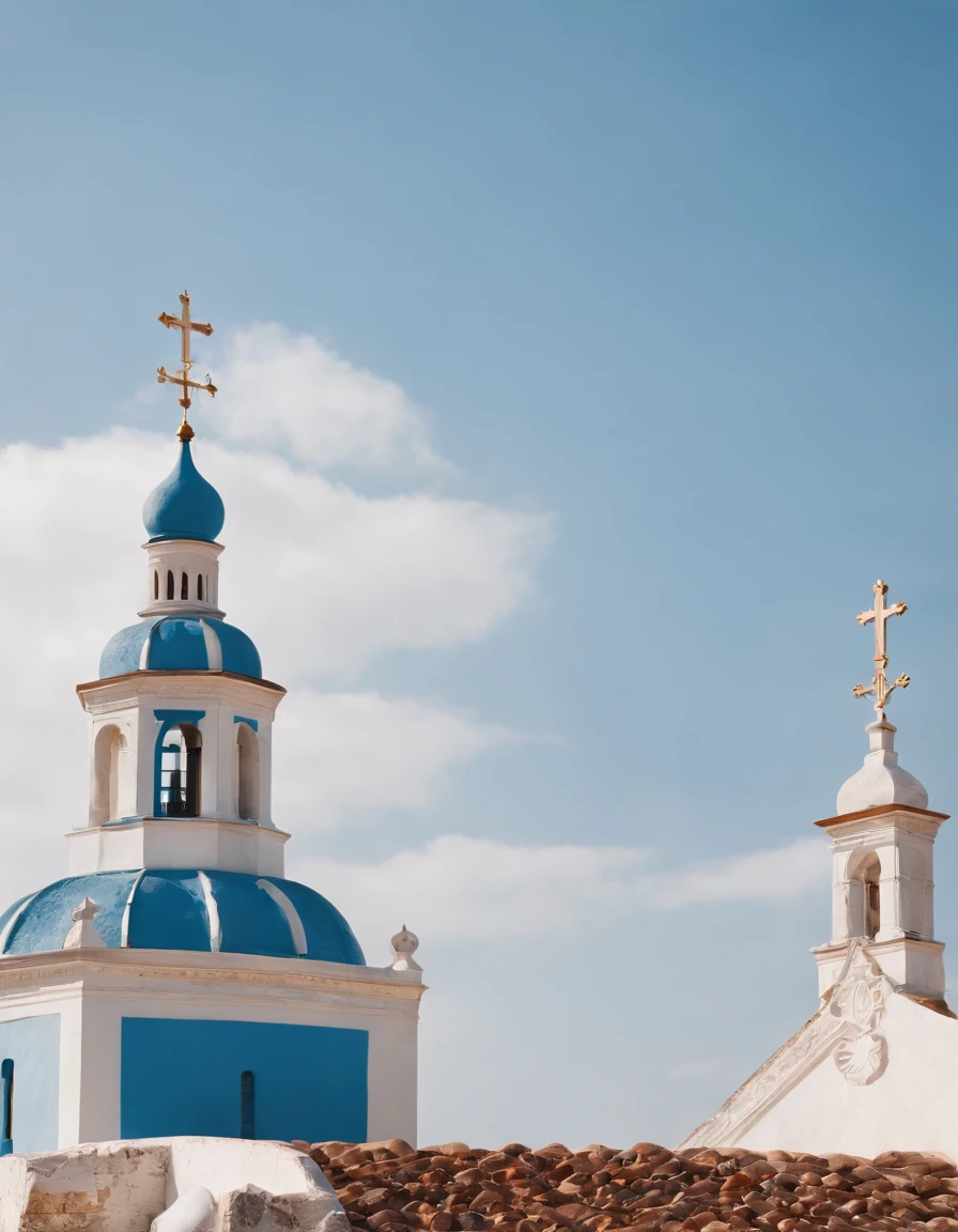 an image shows 2 blue and white churches next to each other, in the style of olympus om-1, playful color palette, eye-catching detail, minoan art, sony alpha a7 iii, light orange and white, sky-blue and black