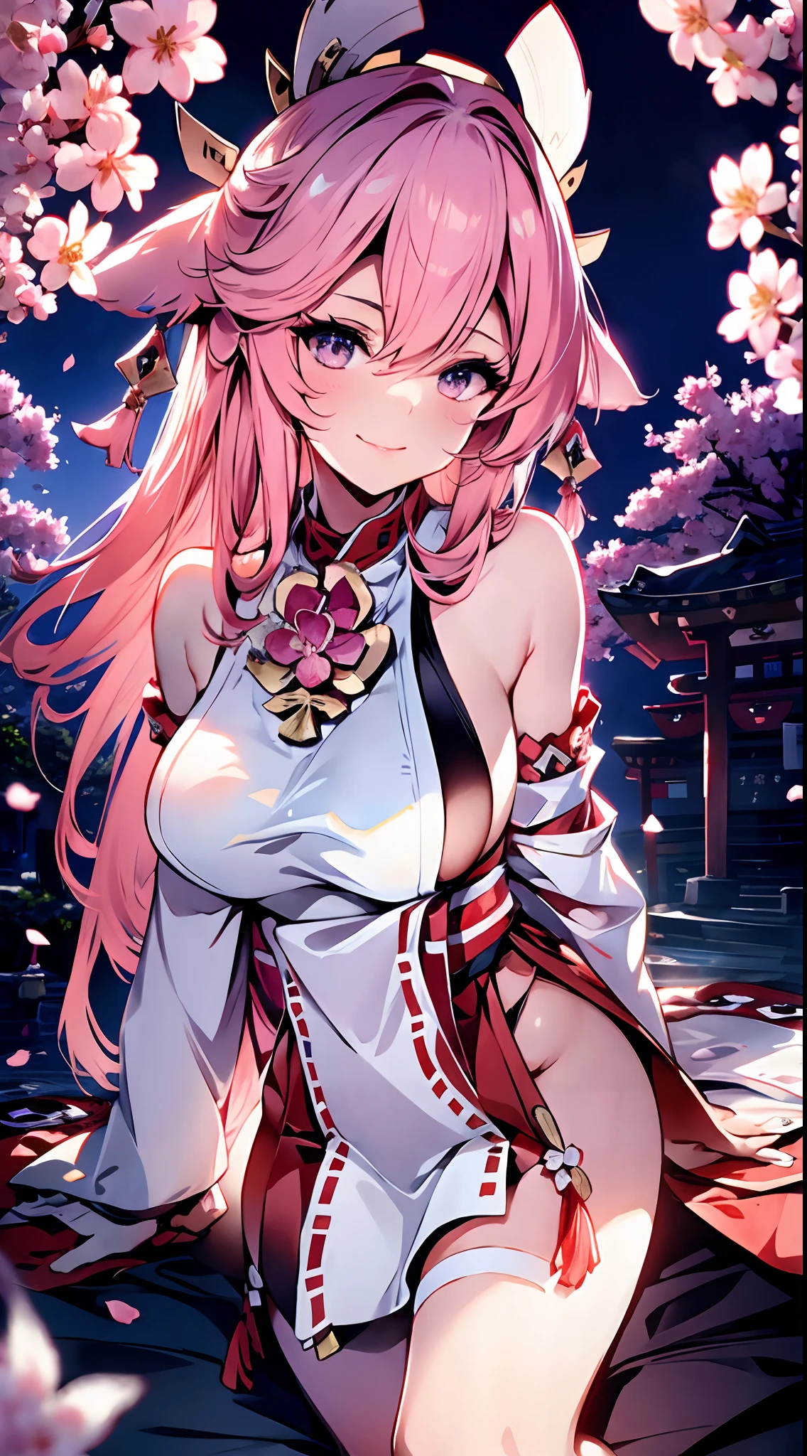 Realistic eyes, detailed shadow, view the viewer, Dog ears, cleavage,Detailed lighting,(detailed hairs, photo-realistic hair, Realistic lighting, realistic shaded, realistic dress), Realistic skin, (Waist gun:1), Realistic reflection of light from above,((arms back behind)),(with hands behind her back),tube top,Sexy,Night,Stockings,Naked,Bigboobs,big breast,Cherry blossoms, White skirt, White dress,full bodyesbian,A Japanese shrine,Pink filter element