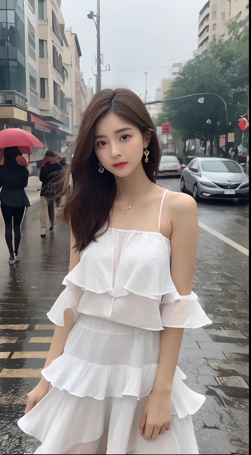 ((Best Quality, 8k, Masterpiece:1.3)), Focus:1.2, Perfect Body Beauty:1.4, Buttocks:1.2, ((Layered Haircut, Breasts:1.1)), (Wet Clothes:1.1), (Rain, Street:1.3), Bandeau Dress: 1.1, Highly Detailed Face and Skin Texture, Fine Eyes, Double Eyelids, Whitening Skin, Long Hair, Delicate Fingers, (Shut Up: 1.3), Full Body
