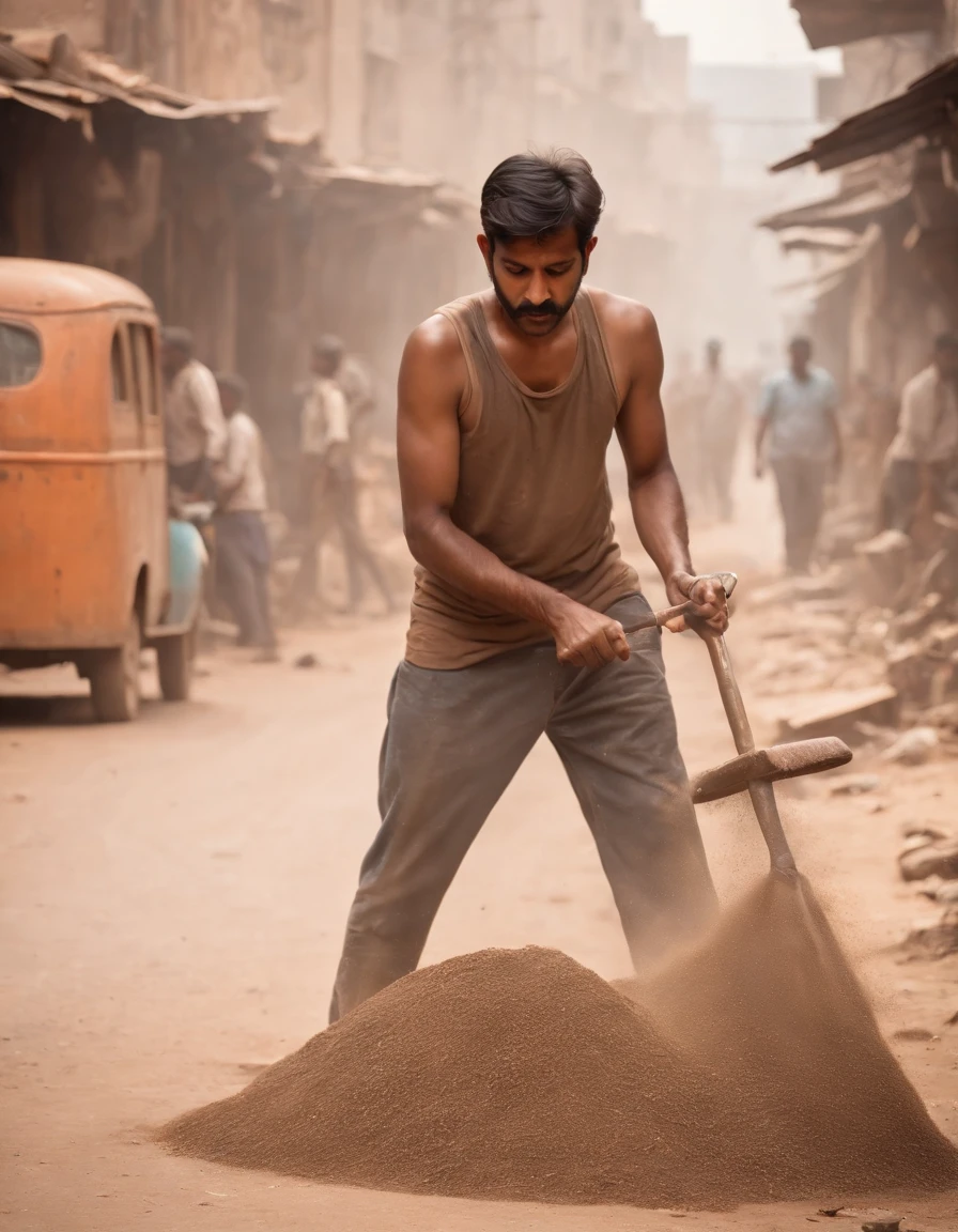 man cleaning dust in a busy street, in the style of landscape photography, indian pop culture, contrasting light, dystopian realism, war photography, 32k uhd, rusty debris