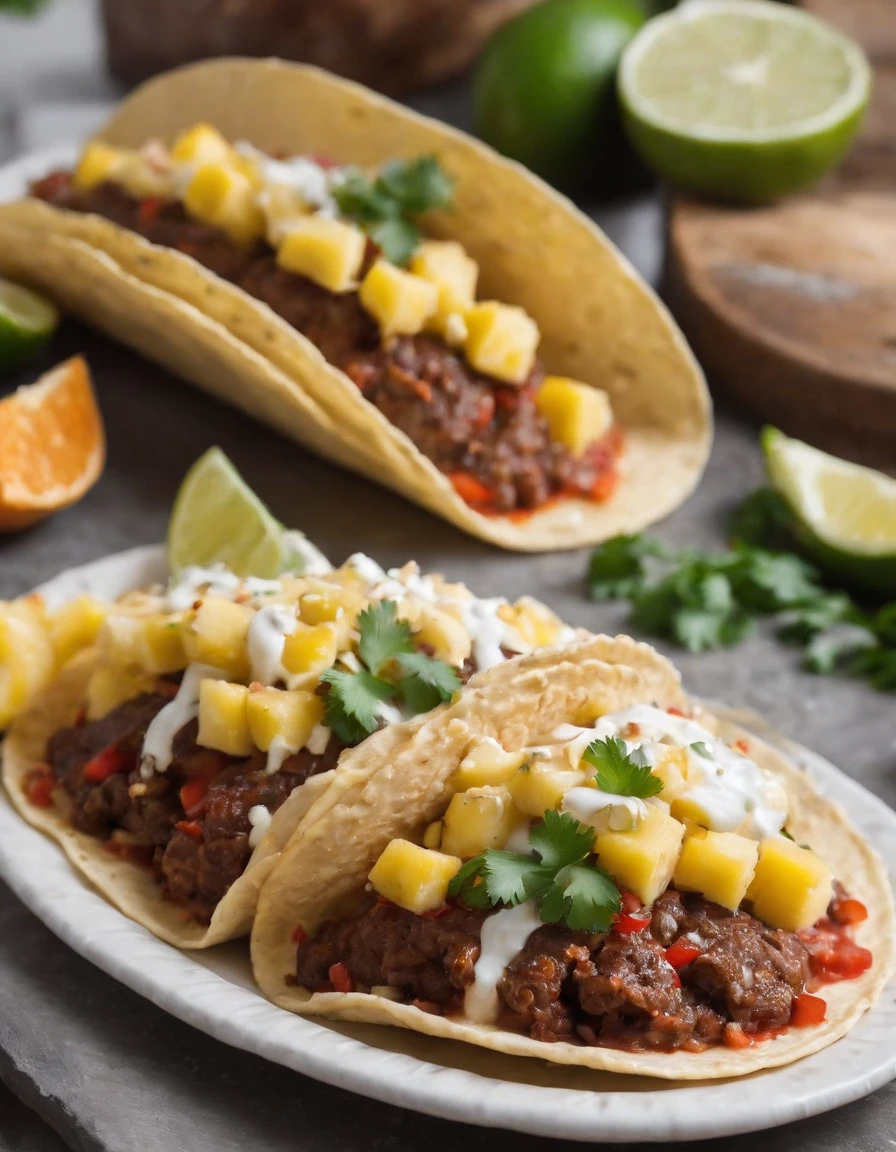 meatloaf tacos with pineapples, lime, cilantro, in the style of uhd image, group f/64, orange and crimson, chinapunk, shot on 70mm, representational, interactive