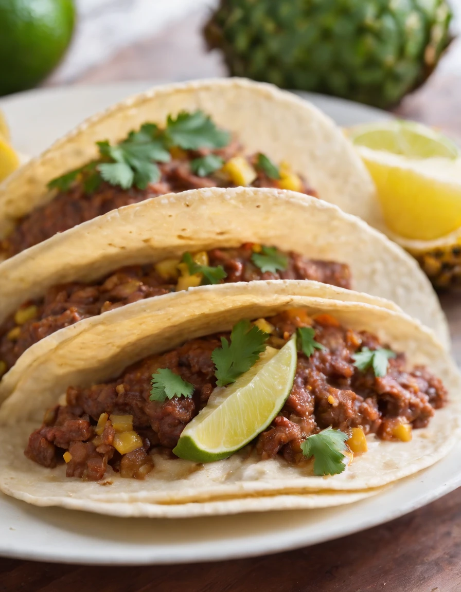 meatloaf tacos with pineapples, lime, cilantro, in the style of uhd image, group f/64, orange and crimson, chinapunk, shot on 70mm, representational, interactive