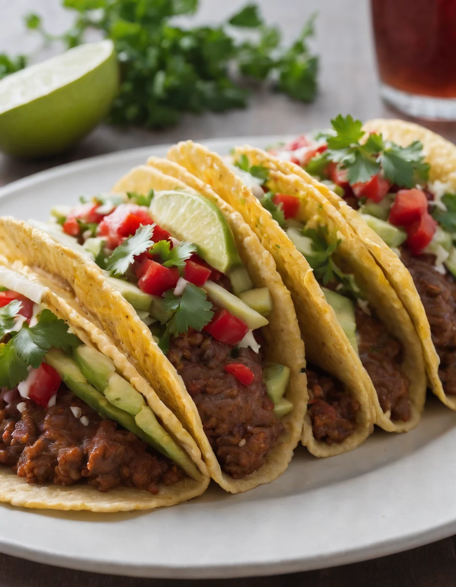 meatloaf tacos with pineapples, lime, cilantro, in the style of uhd image, group f/64, orange and crimson, chinapunk, shot on 70mm, representational, interactive