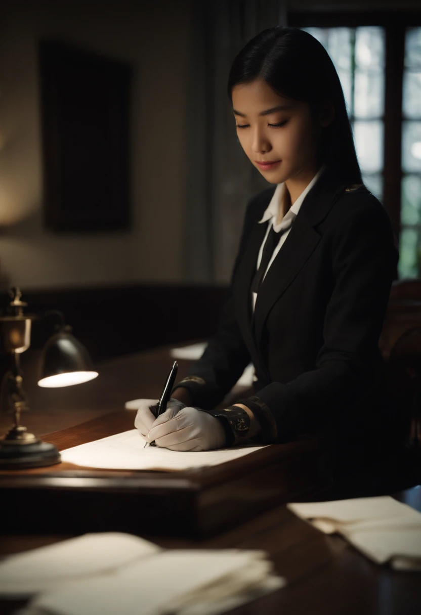 Wearing black leather gloves in both hands, upper body, black blazer uniform, shirt and ribbon, facing the desk in the modern study in the dark, looking down and smiling, writing a letter using a fountain pen, long, straight black hair, young Japanese high school girl (black leather gloves cover both hands)