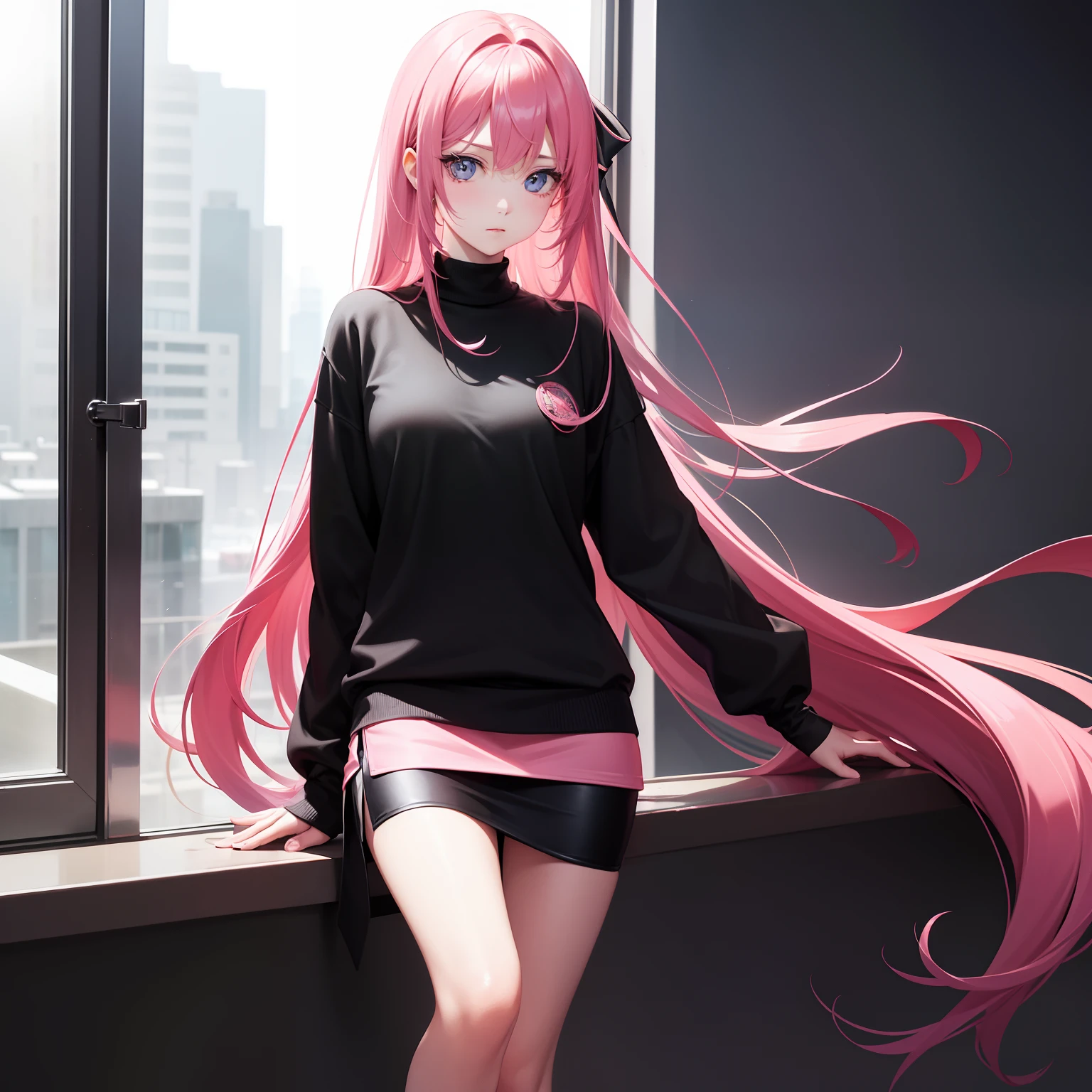 ((Long pink hair with no bangs, only two strands of hair at the front)), ((Off-shoulder black shirt)), ((Shorts)), ((Black stockings)), ((Hairclip)). 
