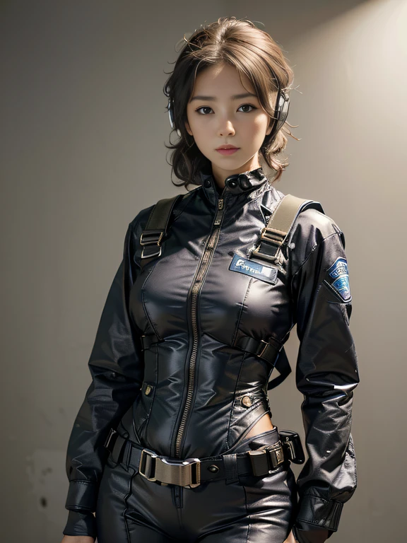 Highest image quality, outstanding details, ultra-high resolution, (realism: 1.4), ((close up:0.75, fro, front)), highly condensed 1beautiful lady, with delicate face, perfect proportion, (chubby:0.4, small breasts), staright-standing, (wearing racing suit likes police uniform, black and gray mecha, wearing high-tech headset, military harness, holding a machinegun), captain, background simple gray wall,