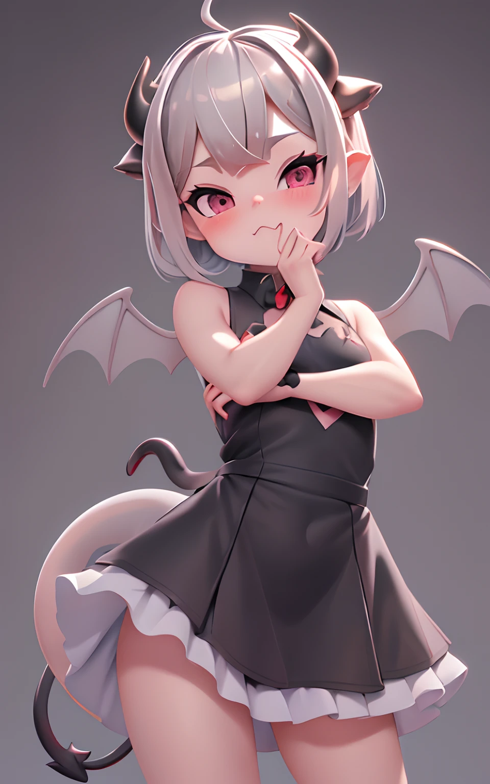 Pixar, 1girl in, Devilish appearance, (short silver hair:1.5), Eyes are red, blush, (Ahoge:1.2), eyes gentle, (free pose:1.3), Hair Bow, (Black devil wings and tail grow:1.3), (Black cow horns grow:1.2), (Devilish black dress:1.2), 独奏, Bangs, femele, Upper body