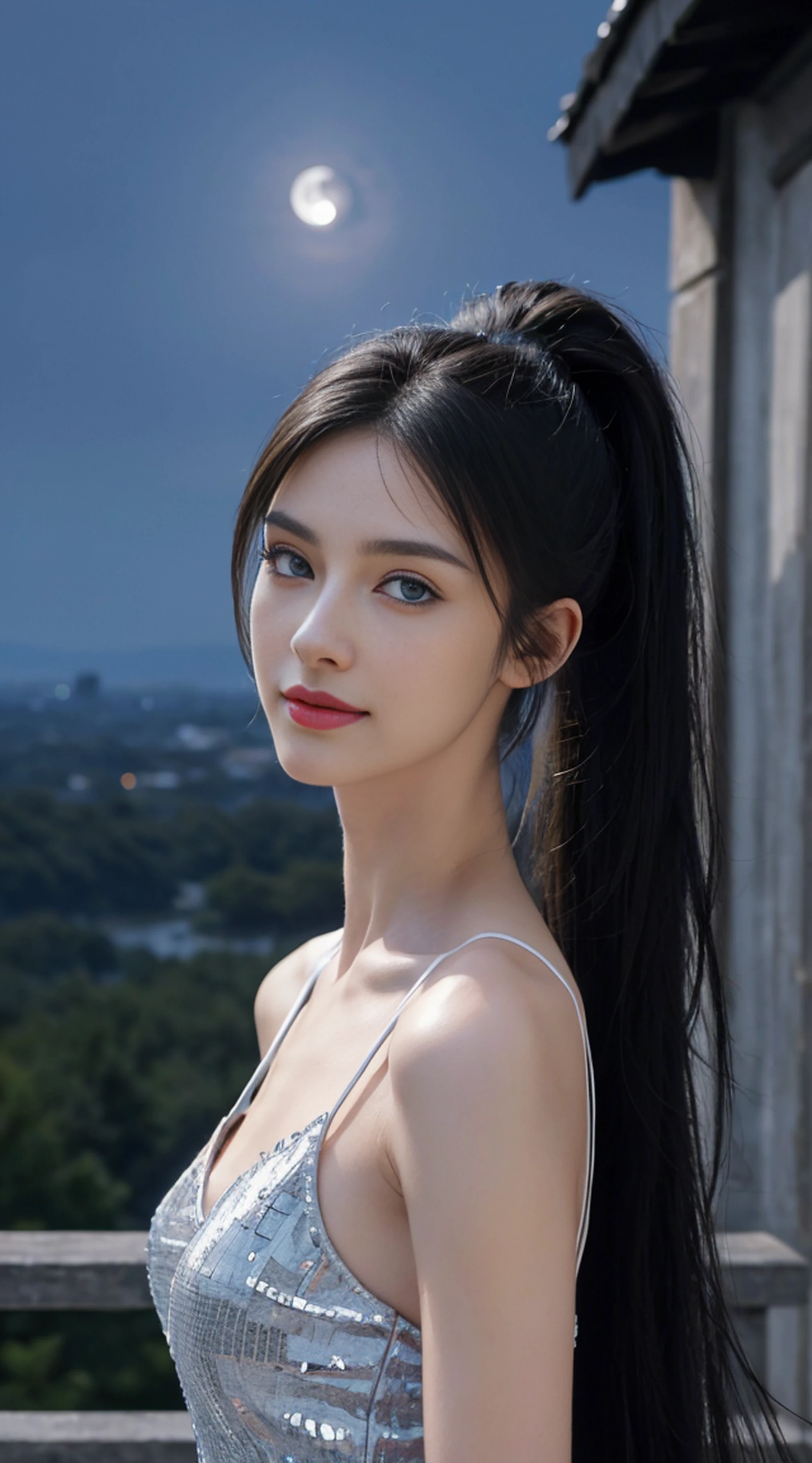 8K, Top Quality, Intricate Details, Ultra Detail, Ultra High Resolution, Masterpiece, random angle, Slender, Smile, (Makeup: 0.4), (Fluffy Blue Eyes: 1.21), blue Eyes,, ((full body)), 1girl, solo, 1 girl, (( full body)), close-up shot, sitting, on side , , ((tall)), (((fit body))), (((slim face))), sharp face, sharp eyes, (((black hair, long hair, high ponytail )) (detailed face), sharp face, small lips, thin lips,
(( Blouse )), detailed face, detailed breast, , large breast, detail, , Beautiful girl with accentuated slender abs: 1.4, Six Pack Abs: 1.4, Bust Botox, Big, Perfect Body, detail leg, (( moonlight)), top of mountain