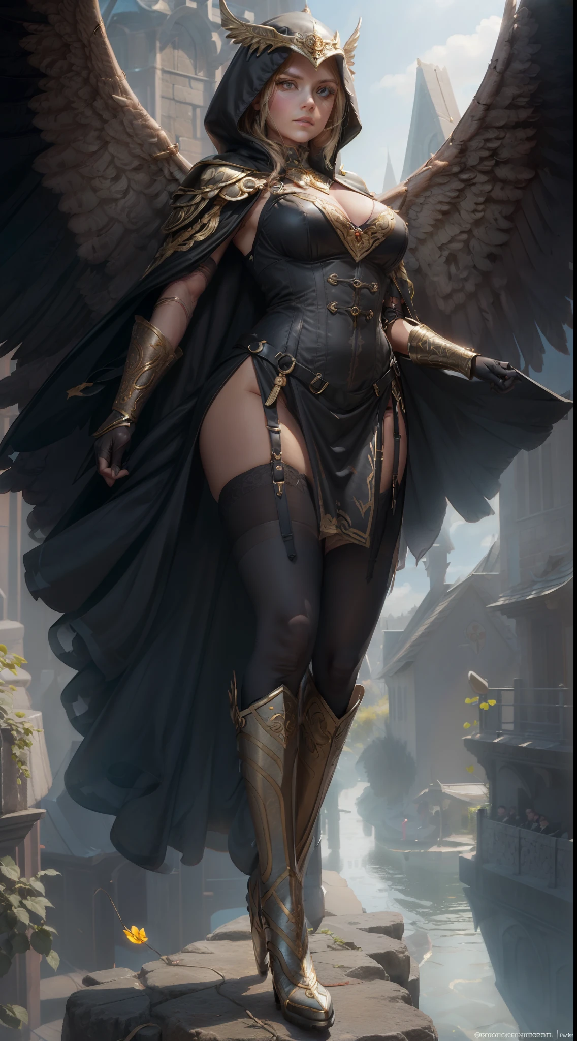 winged, Engel, ((Whole body:2)),((((full body shot)))), detailreich, episch, ((in der luft fliegend)), ((sprung Haltung)), voluptuous hips and thighs, Blondes helles Haar, Albin Queen wears black steel shoulder pads modeled after the heads of dragons and decorated with shimmering silver embellishments and ornaments, she wears a simple dark grey cape with a blue lining and a large hood, Blaue Augen, wahnsinnig realistischen Grafiken, detaillierten Details, she wears an ultra realistic and very detailed ((long royal black dress)), She wears ((black stockings with suspenders)), She wears ((Knie hohe Lederstiefel)) mit markanten silber Ornamenten, sie geht anmutig einen Gang eines Schlosses entlang, Lichtkegel scheinen durch die hohen Fenster des Doms auf sie herab und lassen ihre ganze Gestalt erstrahlen, a blue rose blossom sticks out of her dress at her chest,