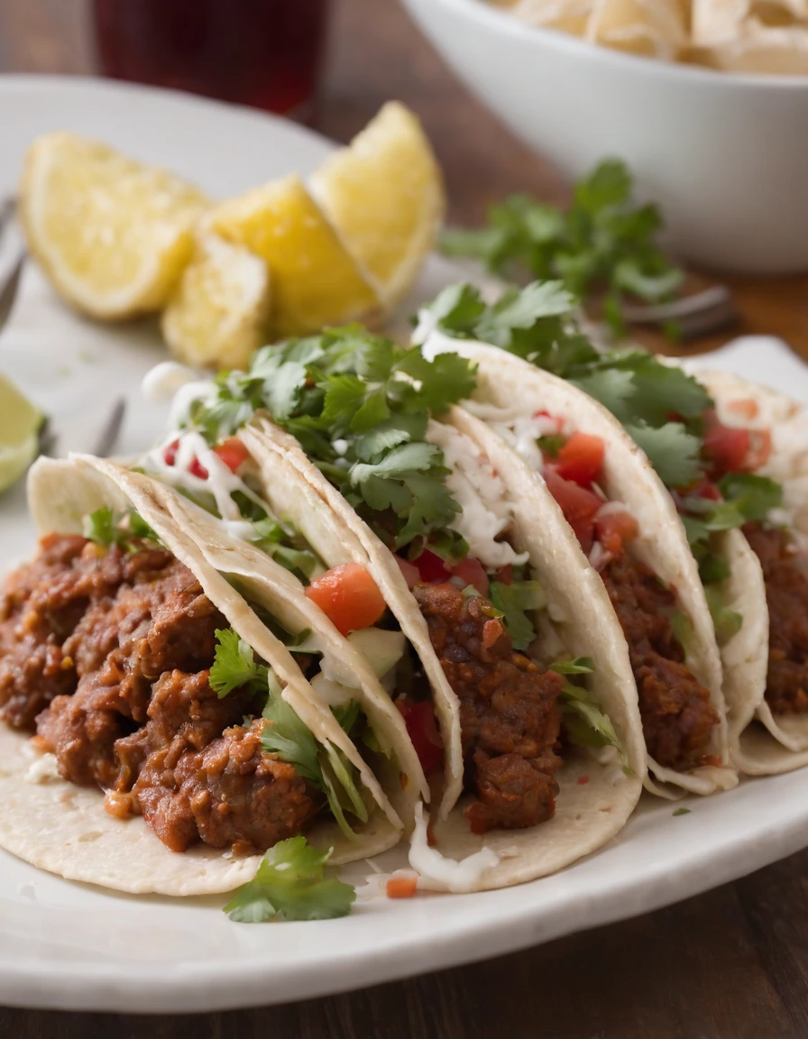 meatloaf tacos with pineapples, lime, cilantro, in the style of uhd image, group f/64, orange and crimson, chinapunk, shot on 70mm, representational, interactive