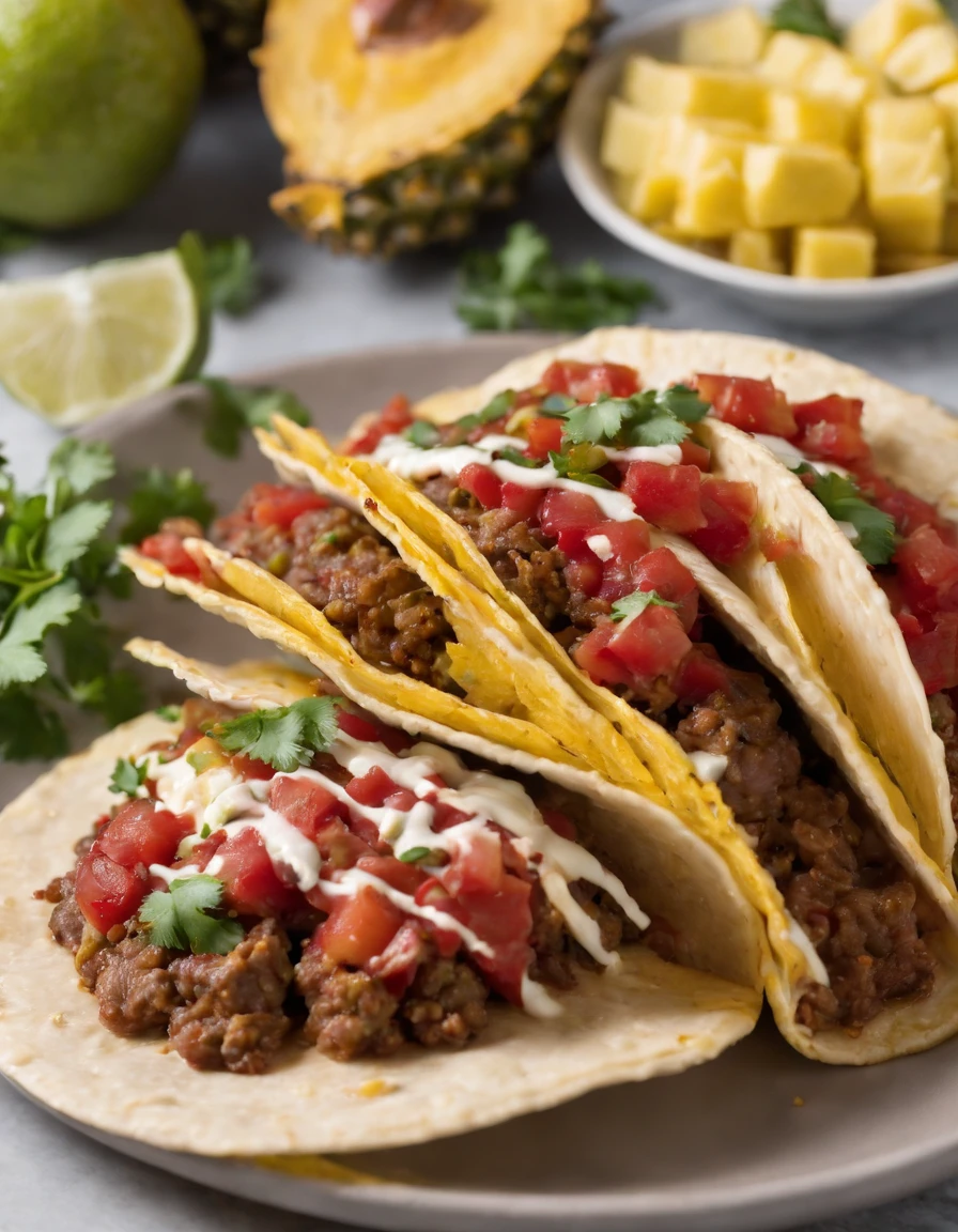 meatloaf tacos with pineapples, lime, cilantro, in the style of uhd image, group f/64, orange and crimson, chinapunk, shot on 70mm, representational, interactive