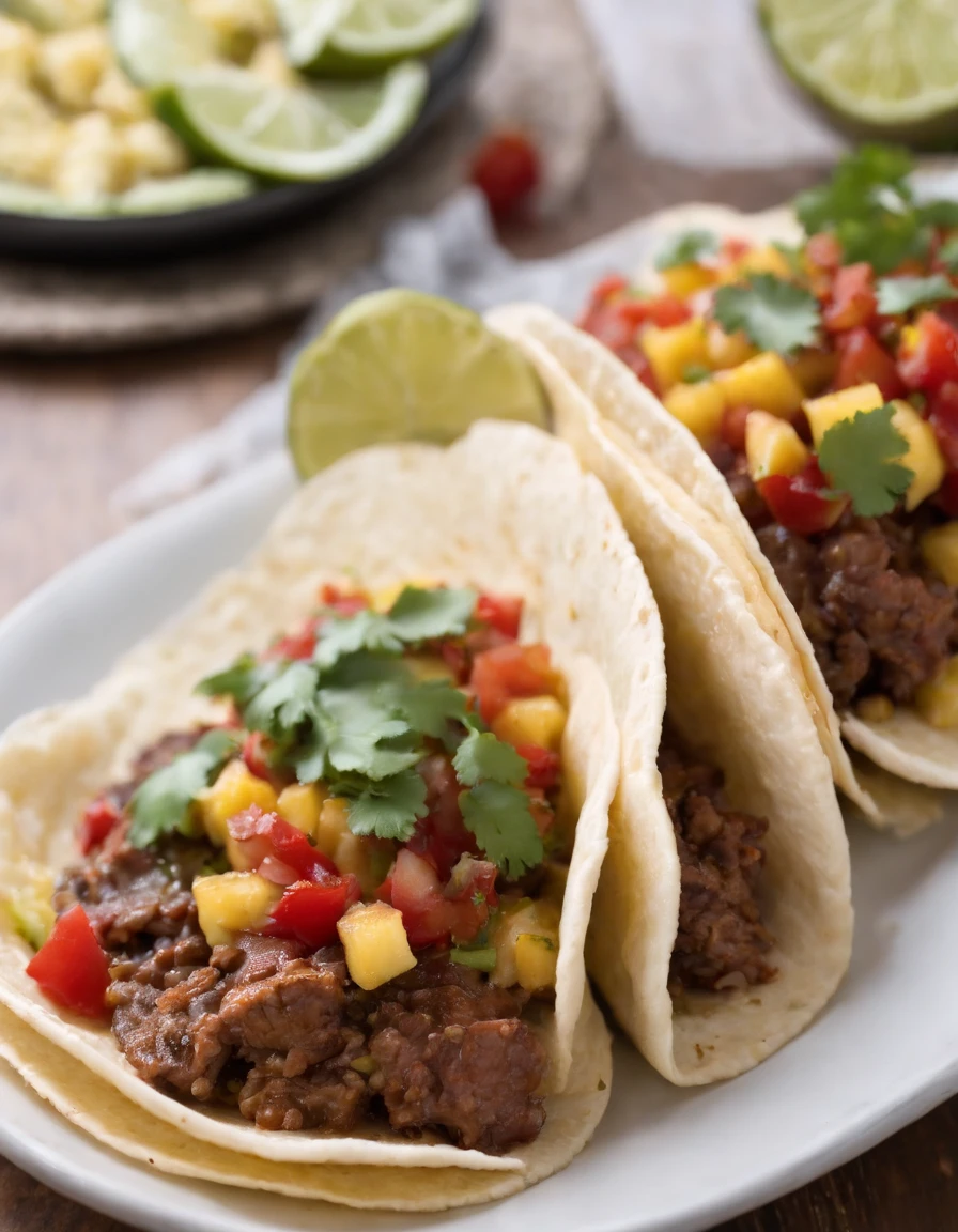 meatloaf tacos with pineapples, lime, cilantro, in the style of uhd image, group f/64, orange and crimson, chinapunk, shot on 70mm, representational, interactive