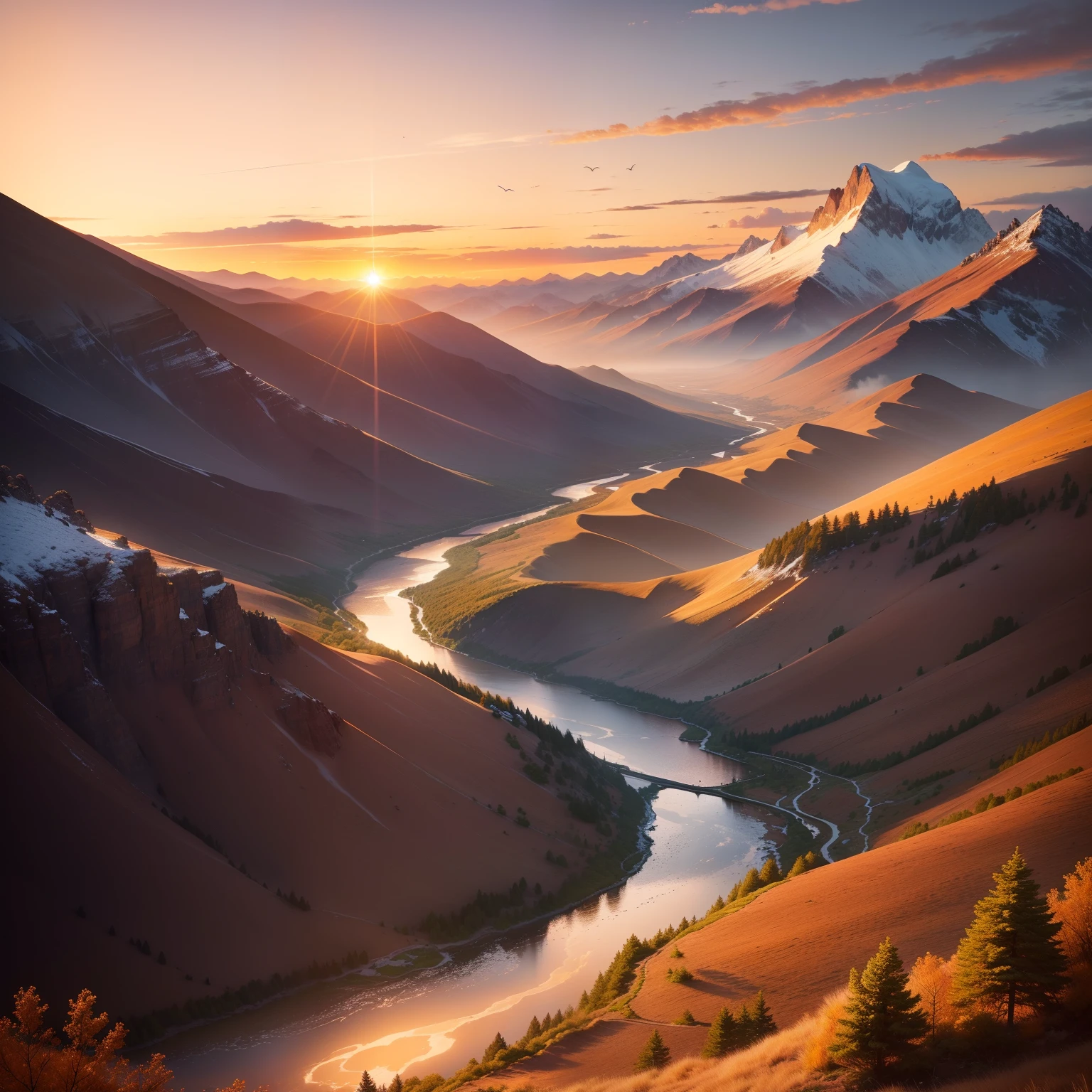 The mountain sunset casts a warm, golden glow across the landscape, illuminating colorful clouds that streak the sky. Birds soar gracefully, heading home as they pass over a meandering stream, which leads to a cascading waterfall, creating a stunning and serene natural spectacle.