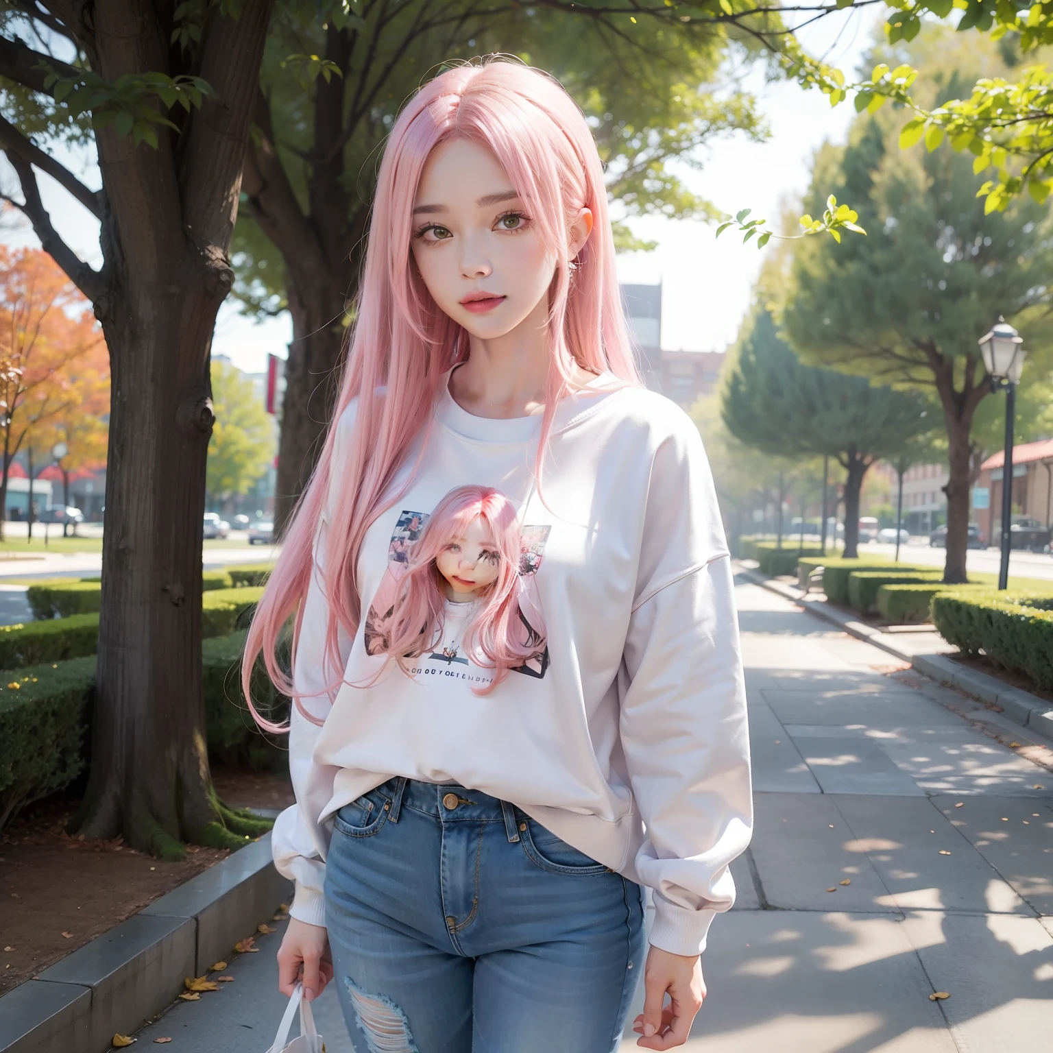 high qulity，detail-rich，The ultra-realistice，long pink  hair，Charming face，White sweatshirt，short jeans pants，Park path，Background bokeh，