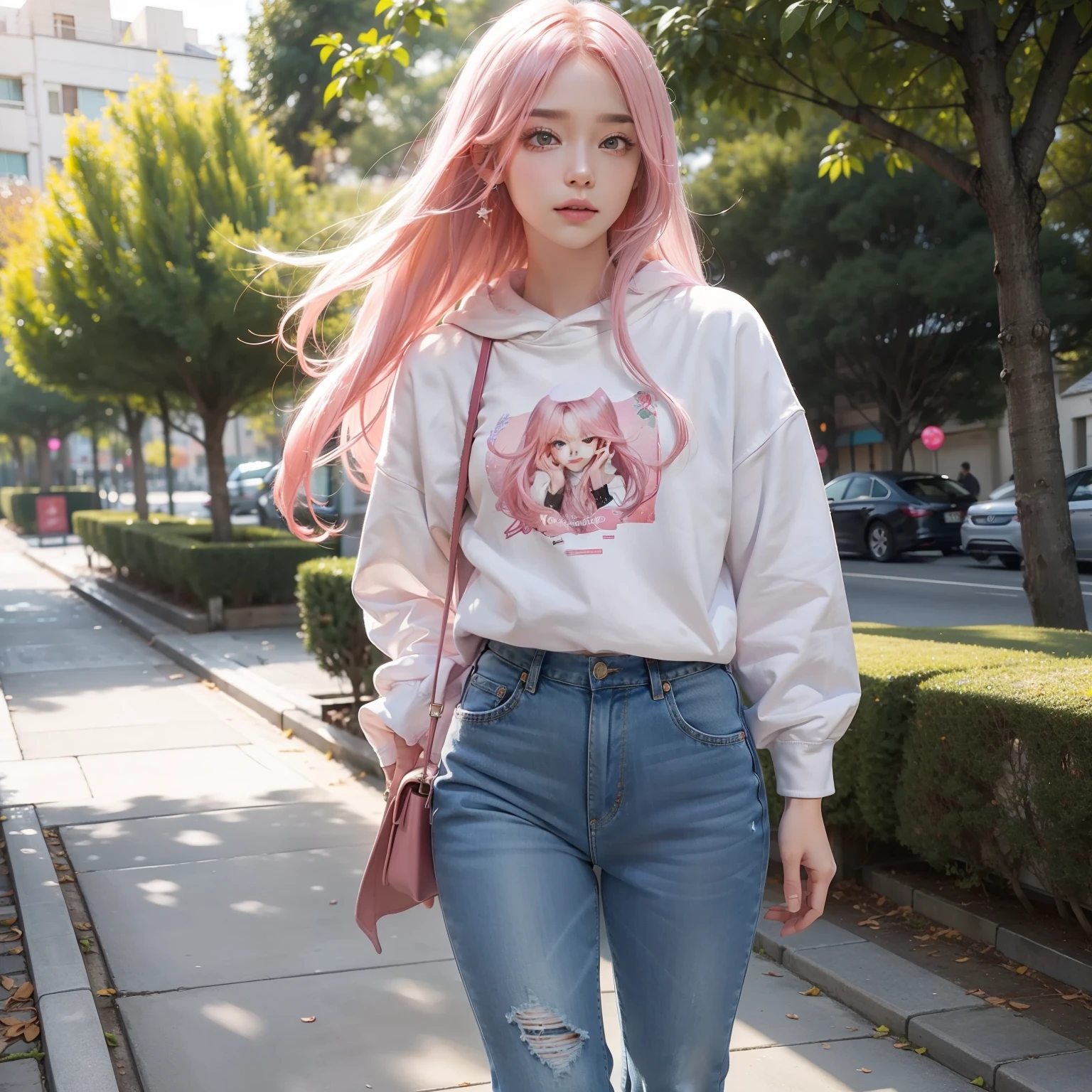 high qulity，detail-rich，The ultra-realistice，long pink  hair，Charming face，White sweatshirt，short jeans pants，Park path，Background bokeh，