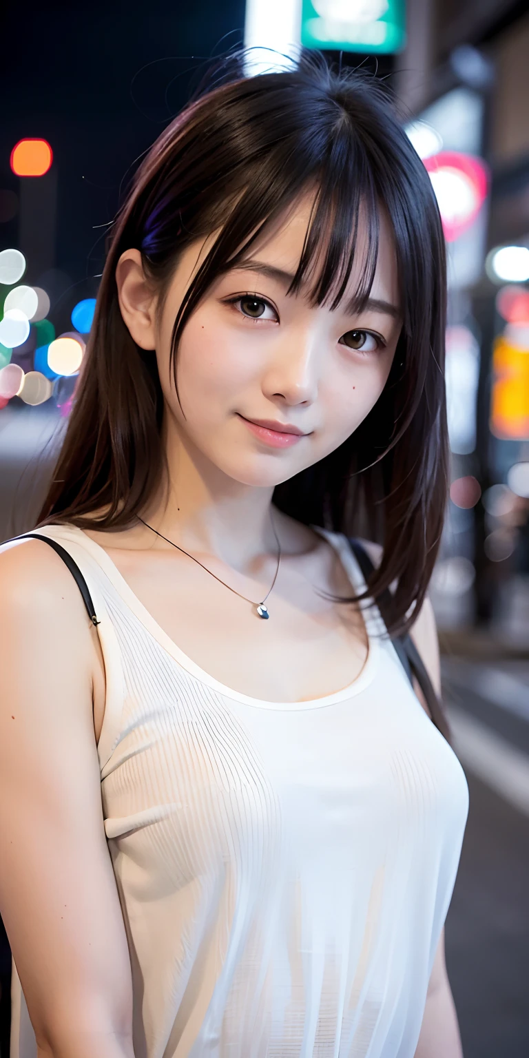 1 Girl, Tokyo Street,night, Streetscape,City lights,Upper Body,close,smile,, (8K, Raw photo, highest quality, masterpiece:1.2),(Realistic, photo-Realistic:1.37),