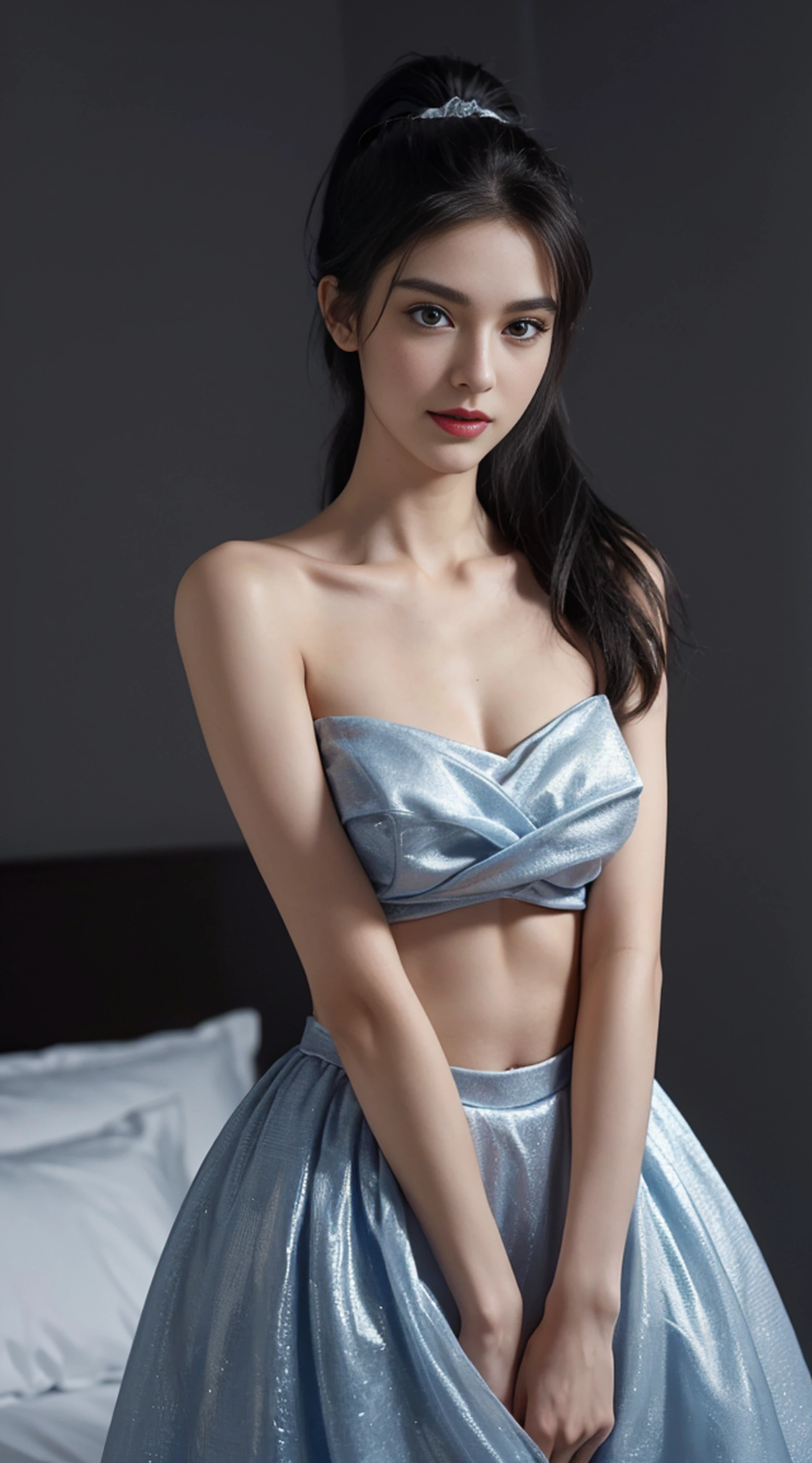 8K, Top Quality, Intricate Details, Ultra Detail, Ultra High Resolution, Masterpiece, random angle,  Slender, Smile, (Makeup: 0.4), (Fluffy Blue Eyes: 1.21), blue Eyes,, ((full body)), 1girl, solo, 1 girl, (( full body)),  close-up shot, standing , , ((tall)), (((fit body))), (((slim face))), sharp face, sharp eyes, (((black hair, long hair, high ponytail , ))  (detailed face), sharp face, small lips, thin lips, 
 (( Ball gown  )),  detailed face, detailed breast, , large breast, detail, , Beautiful girl with accentuated slender abs: 1.4, Six Pack Abs: 1.4, Bust Botox, Big, Perfect Body, detail leg, (( moonlight)), top of mountain