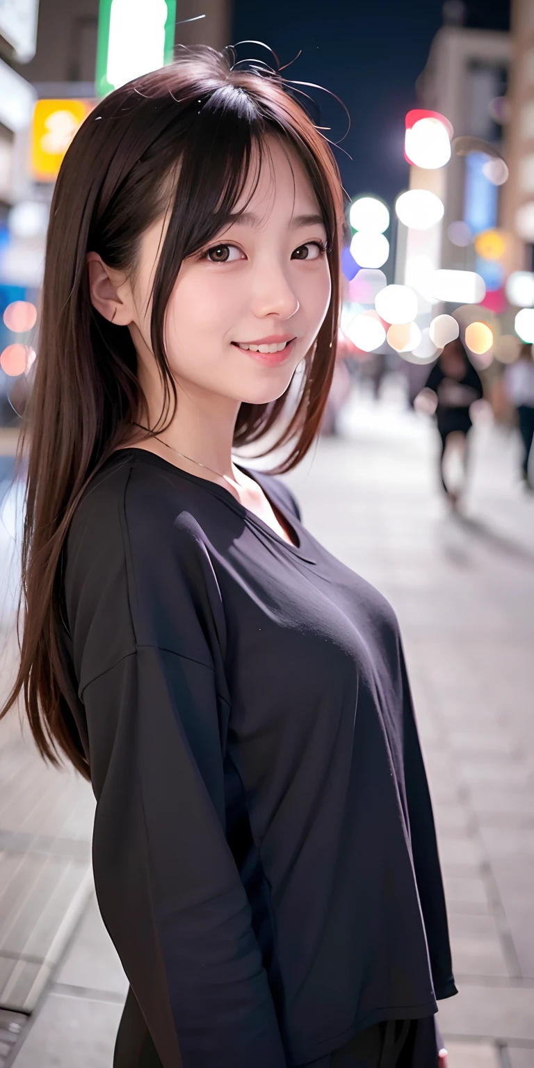 1 girl, Tokyo street, night, cityscape, city lights, upper body, close-up, blouse, smile, (8k, RAW photo, top quality, masterpiece: 1.2), (real, photoreal: 1.37),