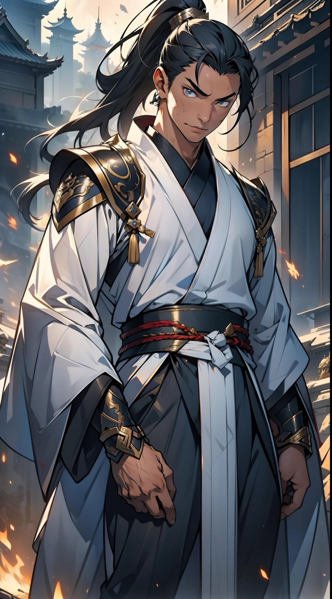quadratic element,style of anime,mtu(Male Warrior),The proportions are correct,Face details,swordsmen,High ponytail hairstyle,Neck details,(Positive focus),(in the darkness nigth:1),(best qualtiy),(Fidelity:1),filmposter,realistic skin textures,highly detailed,8k wallpaper,Volumetriclighting,动态照明,A man,Long black ponytail hair,long white robe,white sash,A small amount of armor,Shoulder blades,Waist Guard,Hand Guard,Ancient Chinese wind,attack pose,blood stain,Broken clothes,Ancient Chinese Battlefield,Arrows fly,There is a lot of war,the night,Dramatic composition,Sword qi surrounding,The picture is rich in detail,karo,电影灯光,Clothing is complicated,Perfectcomposition,Refinement,high qulity,higher details,Lots of details,The background is complex,a sense of atmosphere,Game quality,Swordsmanship,Light and shadow tracking,Ray traching,detailed glow,cg render,hair detail,