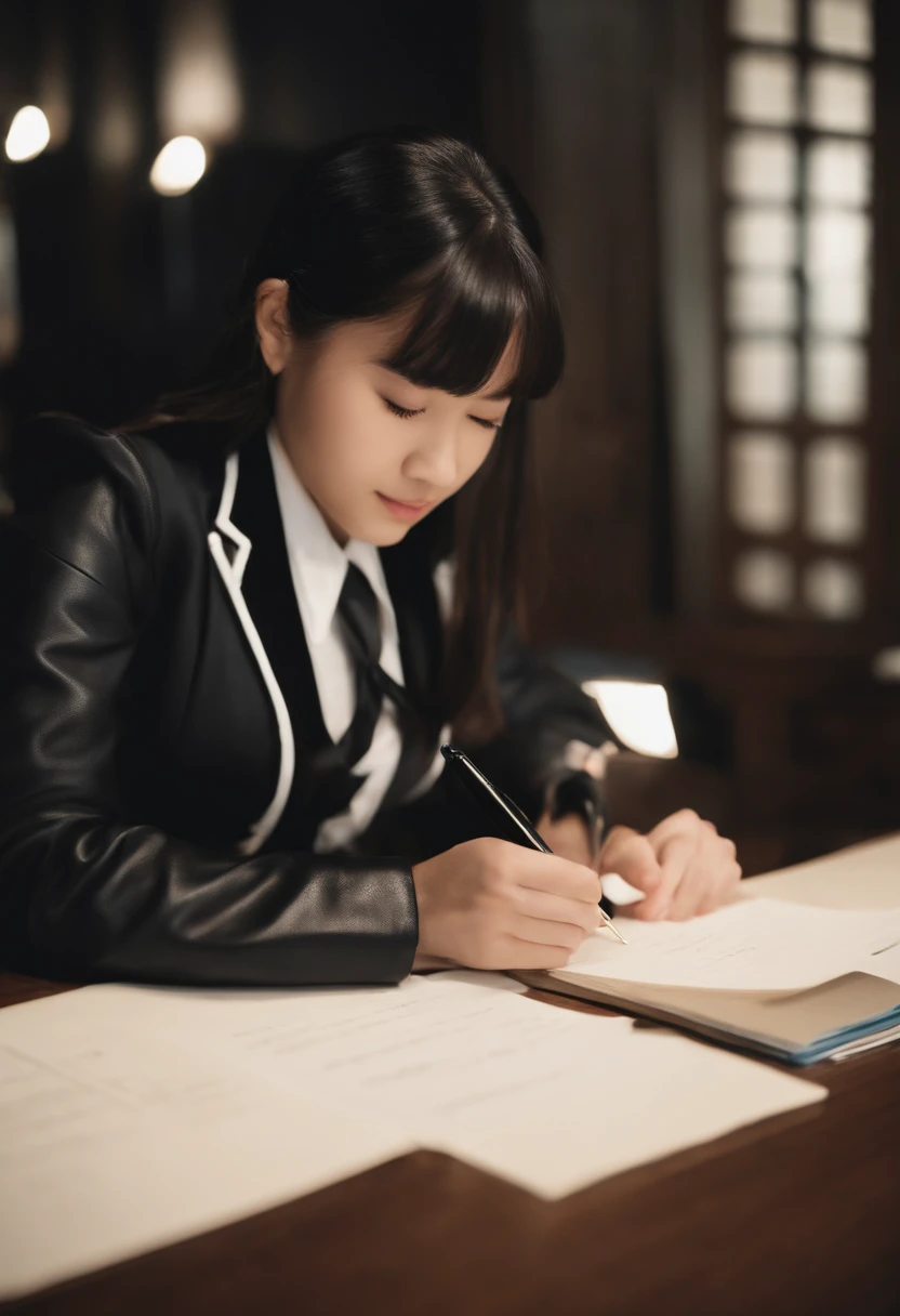 Wearing black leather gloves in both hands, upper body, black blazer uniform, shirt and ribbon, facing the desk in the modern study in the dark, looking down and smiling, writing a letter using a fountain pen, long, straight black hair, young Japanese high school girl (black leather gloves cover both hands)