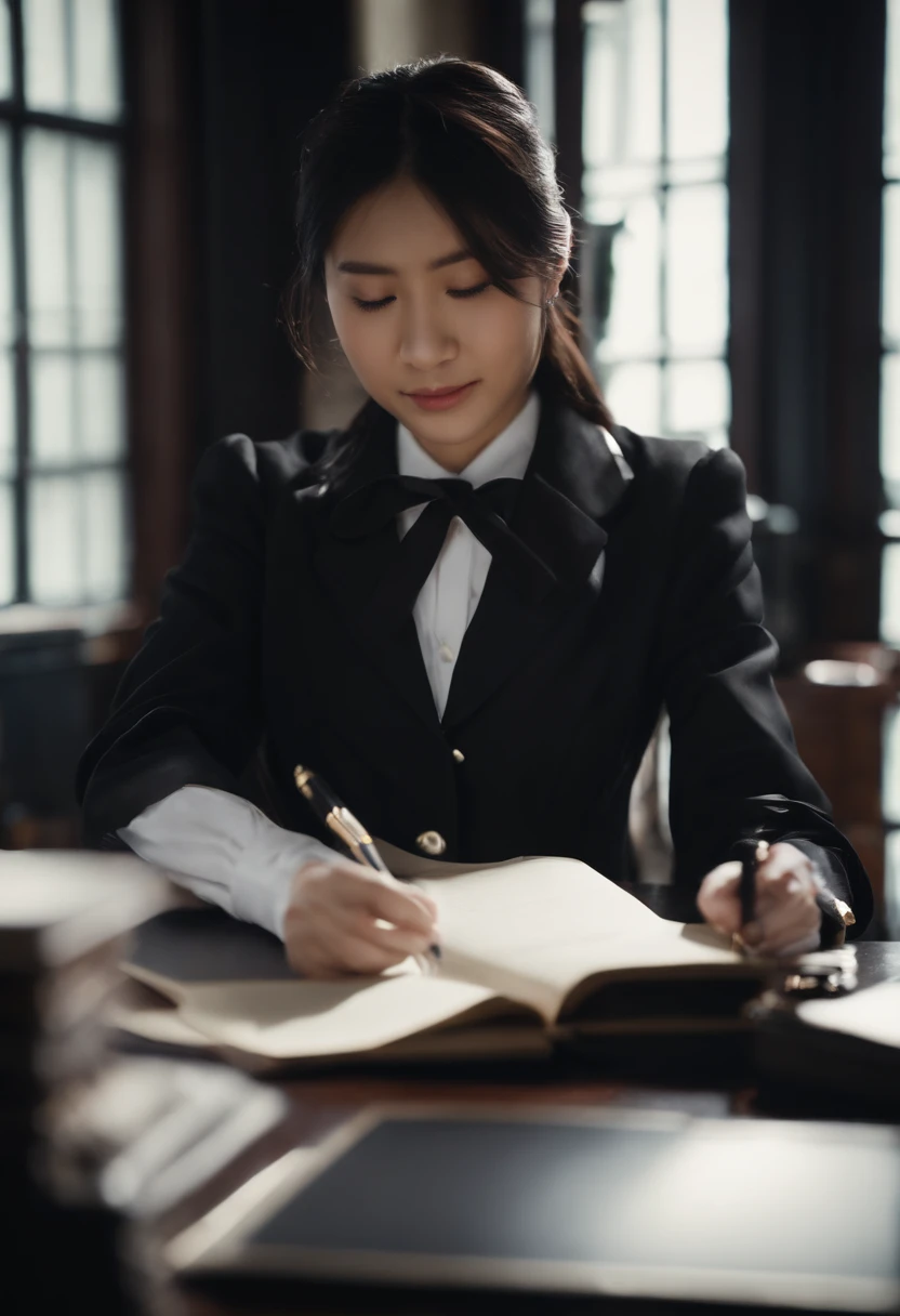 Wearing black leather gloves in both hands, upper body, black blazer uniform, shirt and ribbon, facing the desk in the modern study in the dark, looking down and smiling, writing a letter using a fountain pen, long, straight black hair, young Japanese high school girl (black leather gloves cover both hands)