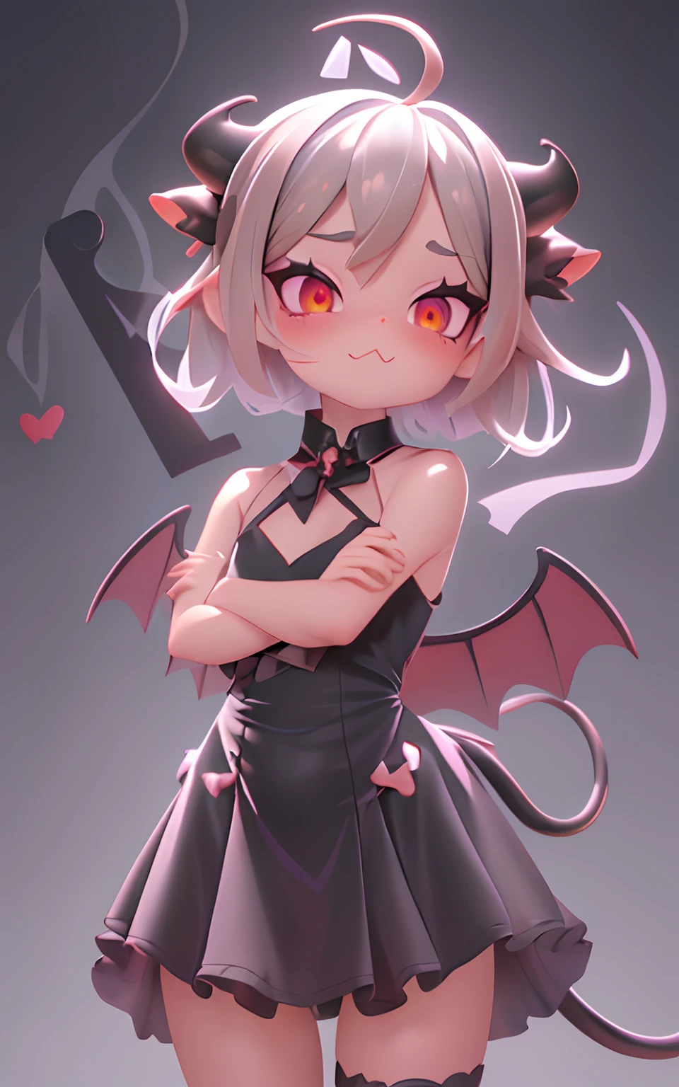 Pixar, 1girl in, Devilish appearance, (short silver hair:1.5), Eyes are red, blush, (Ahoge:1.2), eyes gentle, (free pose:1.3), Hair Bow, (Black devil wings and tail grow:1.3), (Black cow horns grow:1.2), (Devilish black dress:1.2), 独奏, Bangs, femele, Upper body
