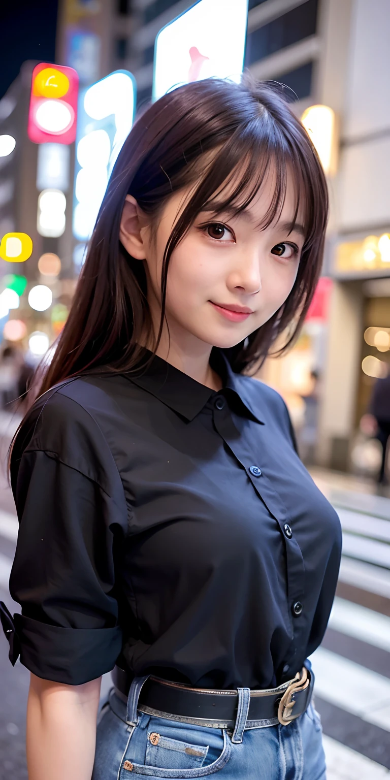 1 girl, Tokyo street, night, cityscape, city lights, upper body, close-up, blouse, smile, (8k, RAW photo, top quality, masterpiece: 1.2), (real, photoreal: 1.37),
