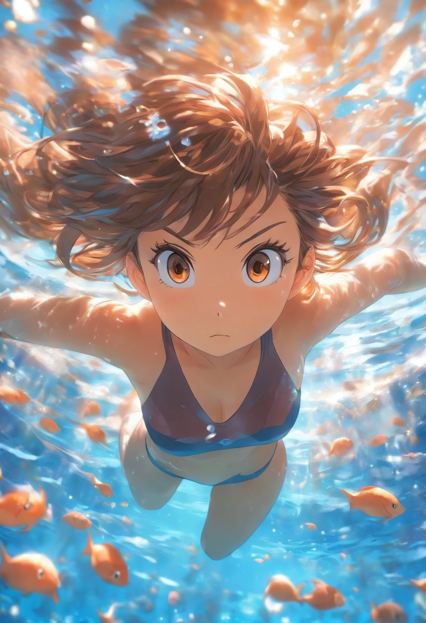 foreshortening, Depth of field, Masterpiece, Best quality, 1girll, Brown hair, Brown eyes, Long hair, Underwater, airbubble, Solo, view the viewer, School swim wear, Swimming, Dappled sunlight,