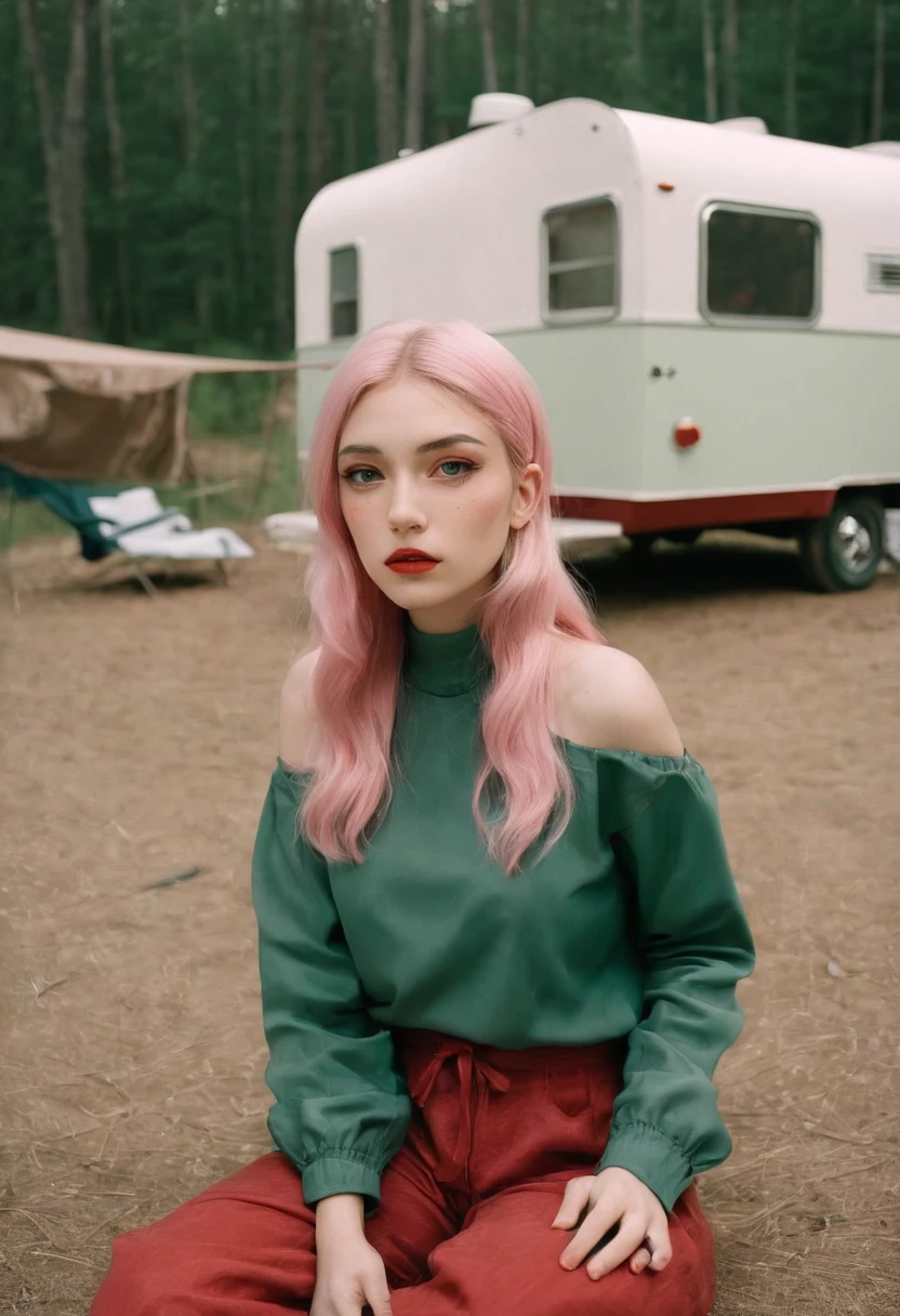 analogphoto, Grain film, vintage photograph, Portra 400, The Flash, In the style of lo-fi aesthetics:: Girl sitting near camping trailer, Light beige and red、Green and pink hair