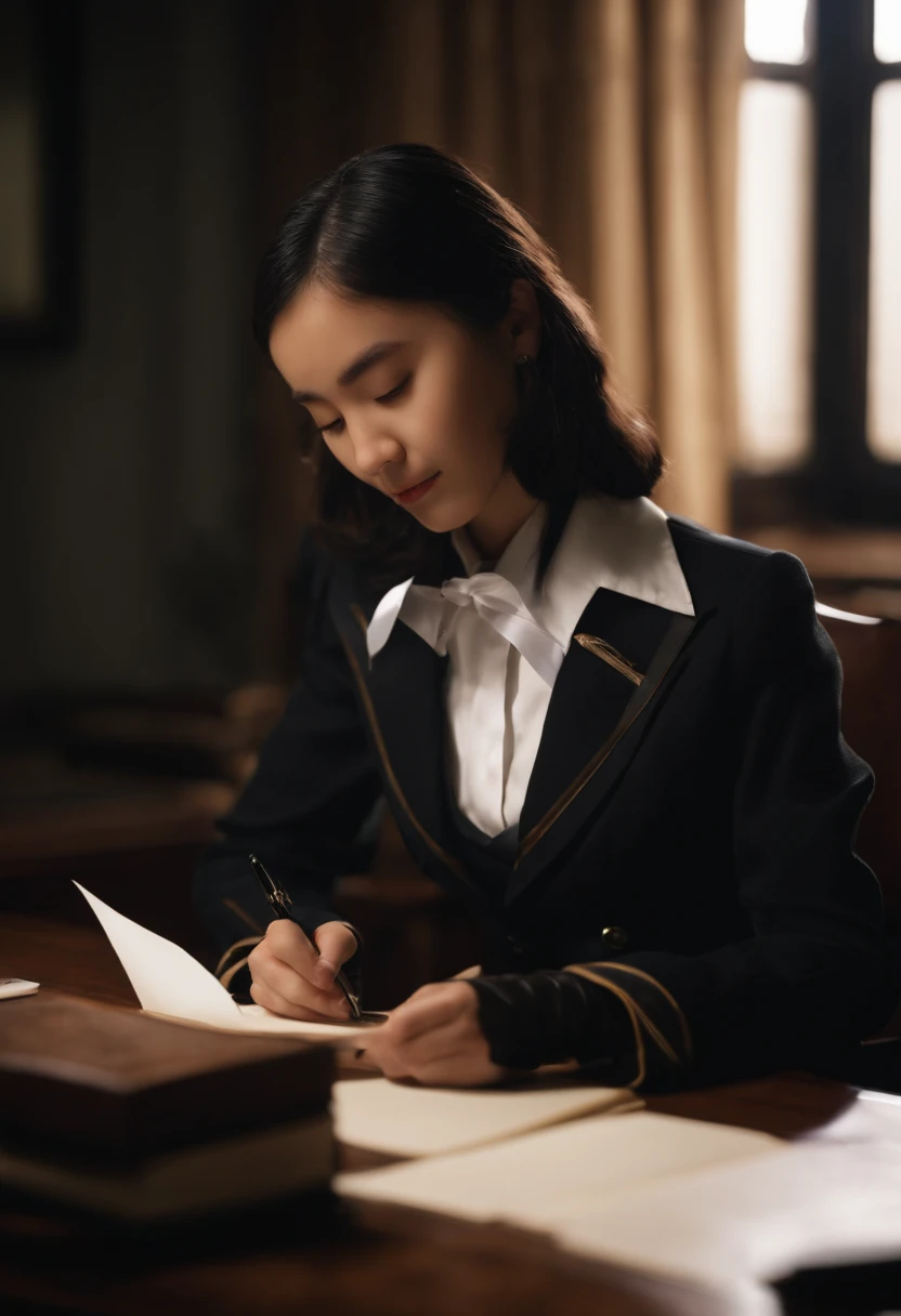 Wearing black leather gloves in both hands, upper body, black blazer uniform, shirt and ribbon, facing the desk in the modern study in the dark, looking down and smiling, writing a letter using a fountain pen, long, straight black hair, young Japanese high school girl (black leather gloves cover both hands)