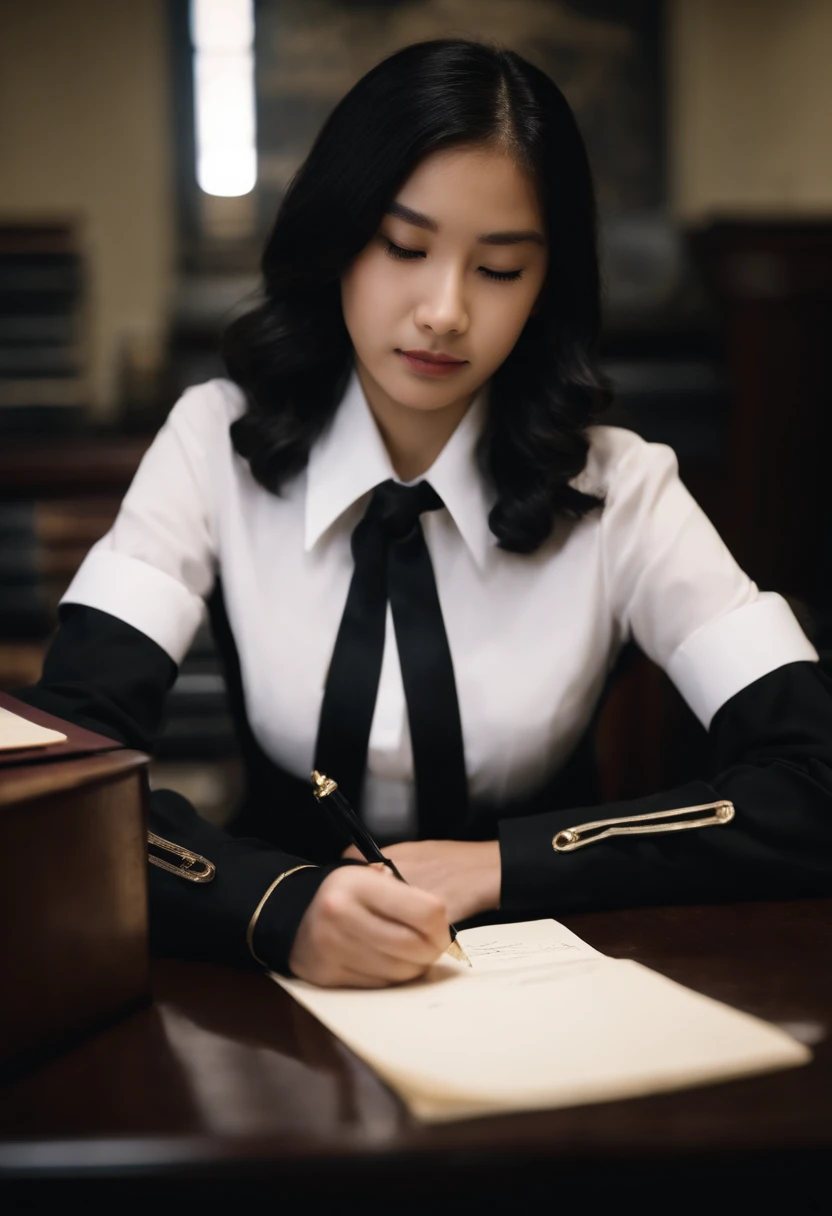 Wearing black leather gloves in both hands, upper body, black blazer uniform, shirt and ribbon, facing the desk in the modern study in the dark, looking down and smiling, writing a letter using a fountain pen, long, straight black hair, young Japanese high school girl (black leather gloves cover both hands)