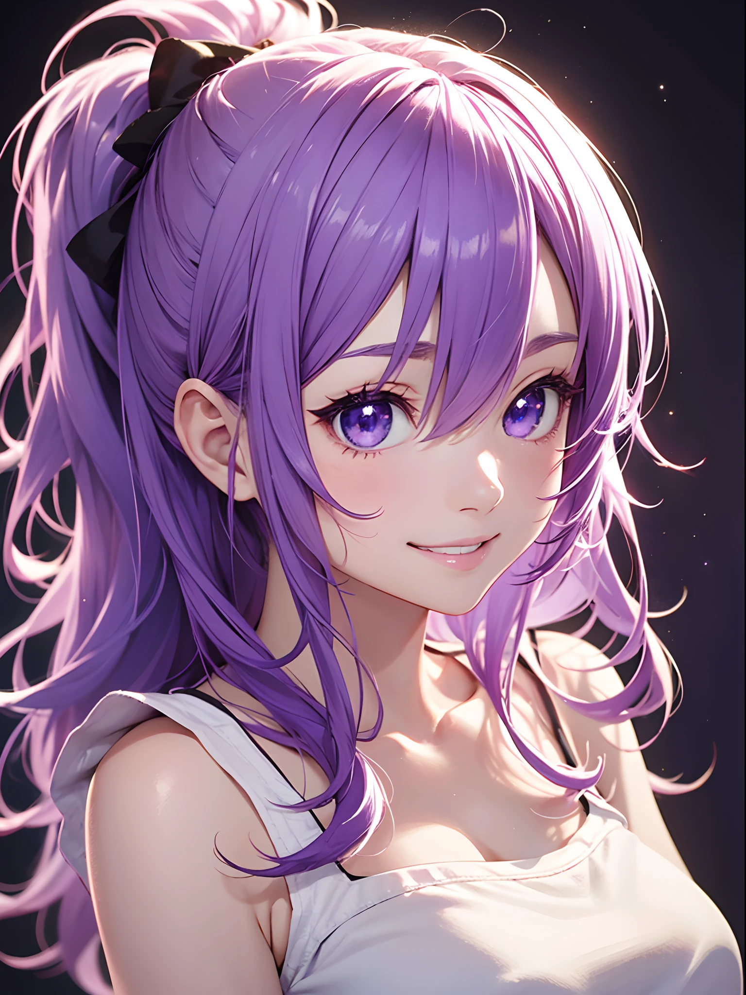 Anime girl with purple hair and purple eyes isolated on black background,3D images、Magenta hair，Short double ponytail、 A smile、Closed、Highly detailed CG Unity 8k wallpaper, Attractive eyes、[[A detailed eye、Colorful eyes、radiant eyes:1.15]]Pink hair、Kawaii Egao、best anime 4k konachan wallpaper,、facing front、Upper body close-up、((white t-shirts、Camisole dress))、A smile
