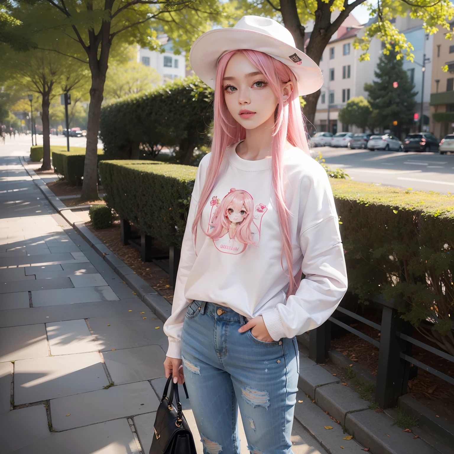 high qulity,detail-rich,The ultra-realistice,long pink hair,Charming face,White sweatshirt,short jeans pants,Park path,Background bokeh,White hat