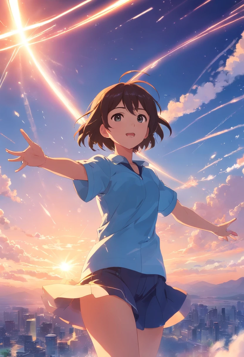 tmasterpiece,best qualtiy,cinematic Film still from,1girl,Cloud Girl,Frontal photo,Arms spread wide,Floating in the sky,closeup cleavage,brightly,cheerfulness,Warm and soft lighting,the sunset,(spark of light:0.7)
