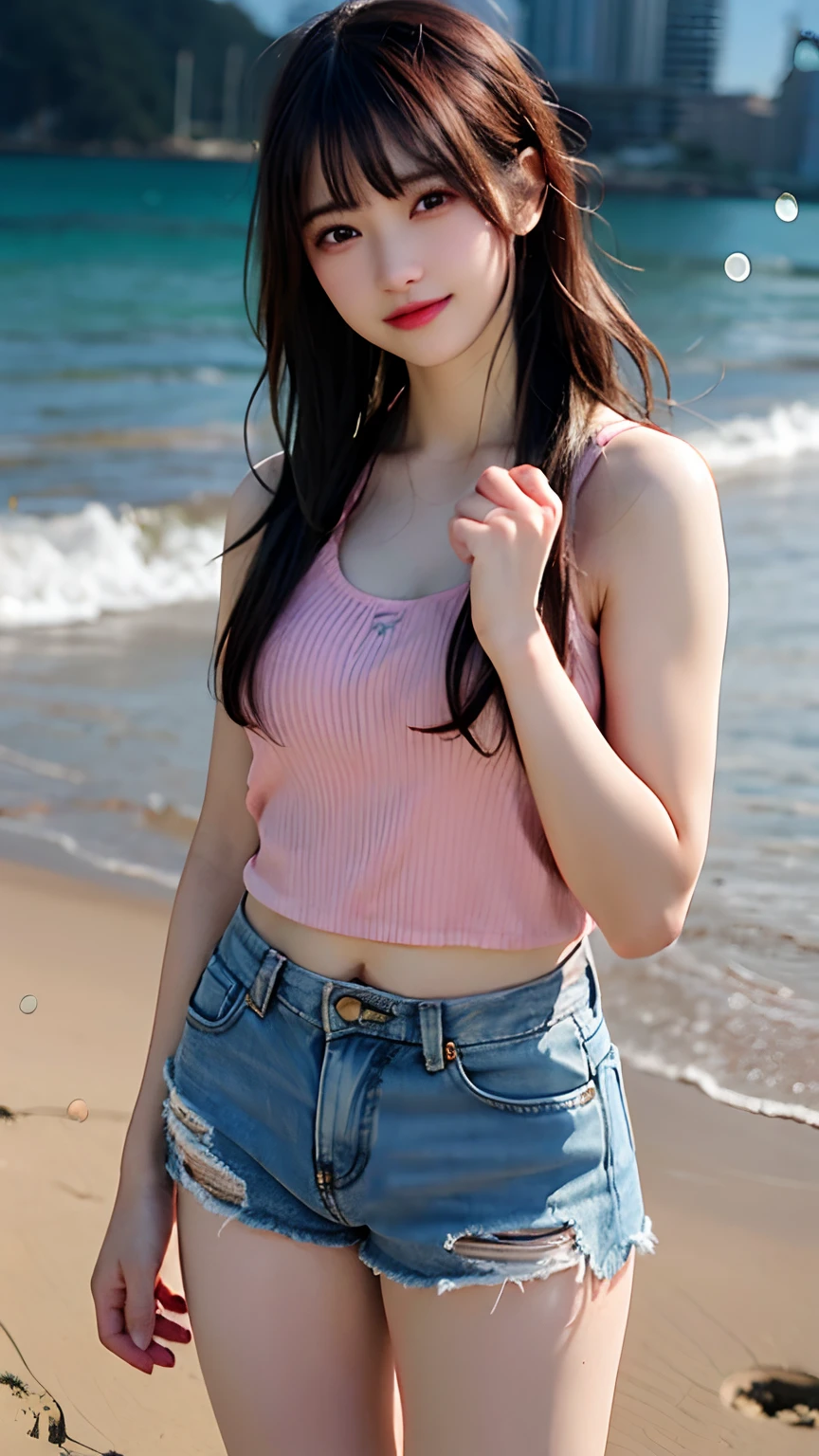 1girl, ((extreme detail)), (ultra-detailed), (best quality, 4k, 8k, highres, masterpiece:1.2), (realistic, photorealistic, photo-realistic:1.37), (extremely detailed CG unity 8k wallpaper), (an extremely delicate and beautiful), fine detail, insane details, sharp focus, soft back, soothing tones, hyperdetailed, low contrast, exposure blend, illustration, film grain, beautiful lighting, perfect lightning, precise proportions,

(perfect female figure), blush,
(beach), background blur, sunlight, daylight,
(short-length wavy parted hair:1.45),
(pink tank top), (denim shorts), (smile:0.8),